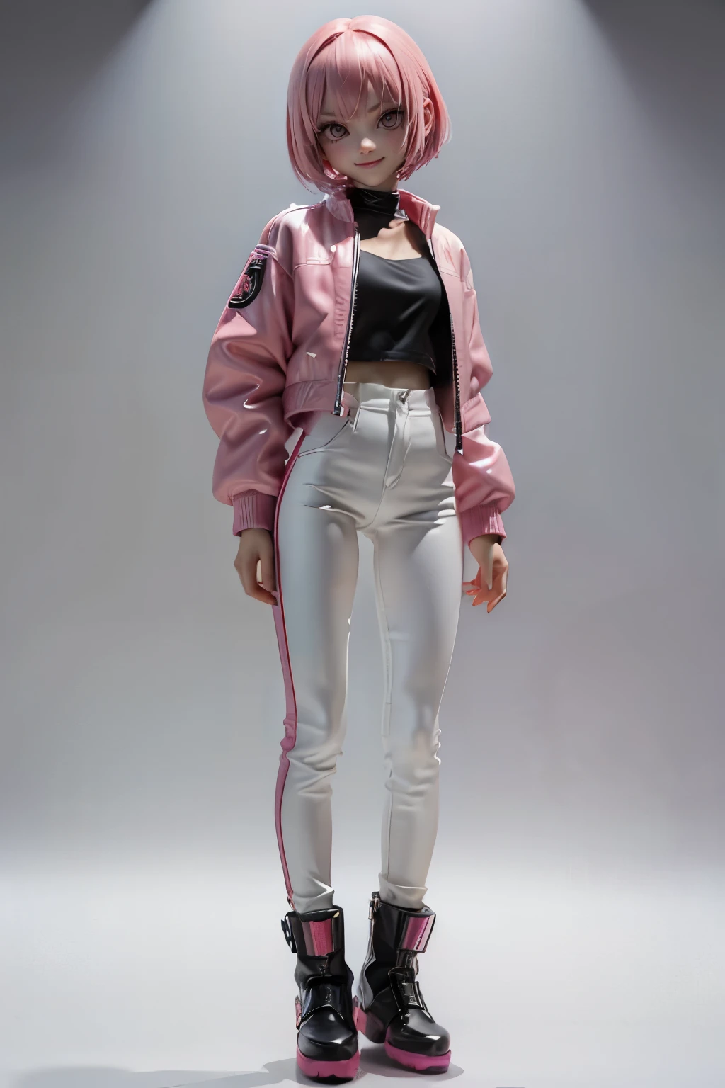 (1beautiful girl), 18 year old, smile, pink bob cut hair, 決めポーズ、white and pink vinyl jacket, ninja artist、futuristic cyberpunk style、black vinyl pants、pink vinyl boots、standing, just the Front view、full body, concept art, ((Simple white background))
