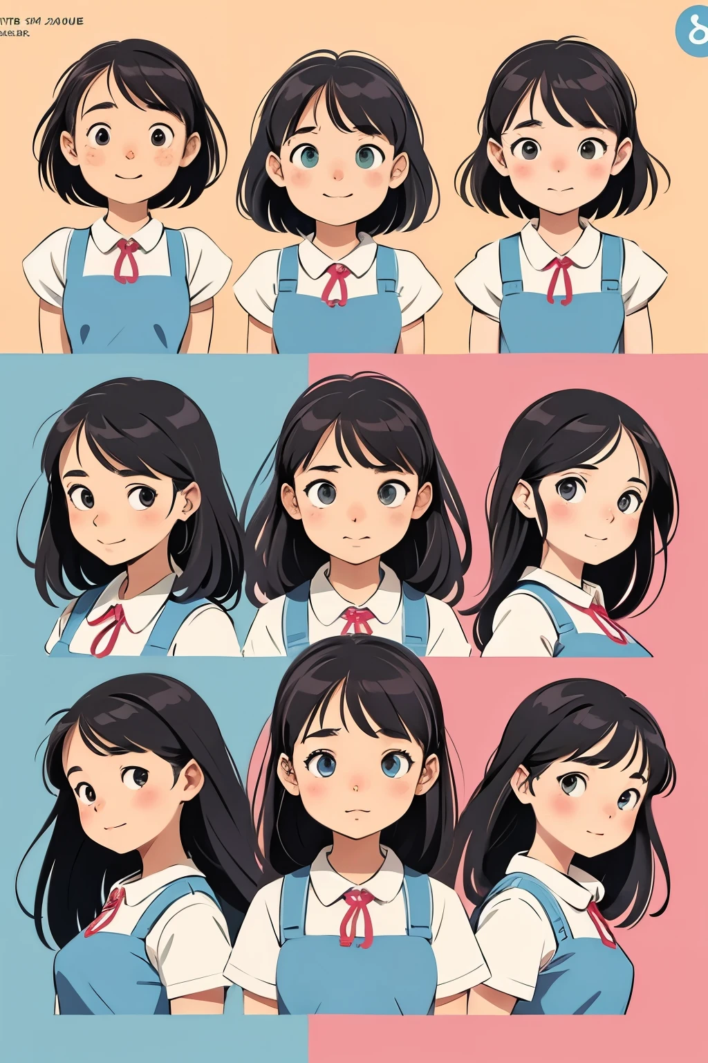 Girl multiple poses and expressions character sheet children's book illustration style 