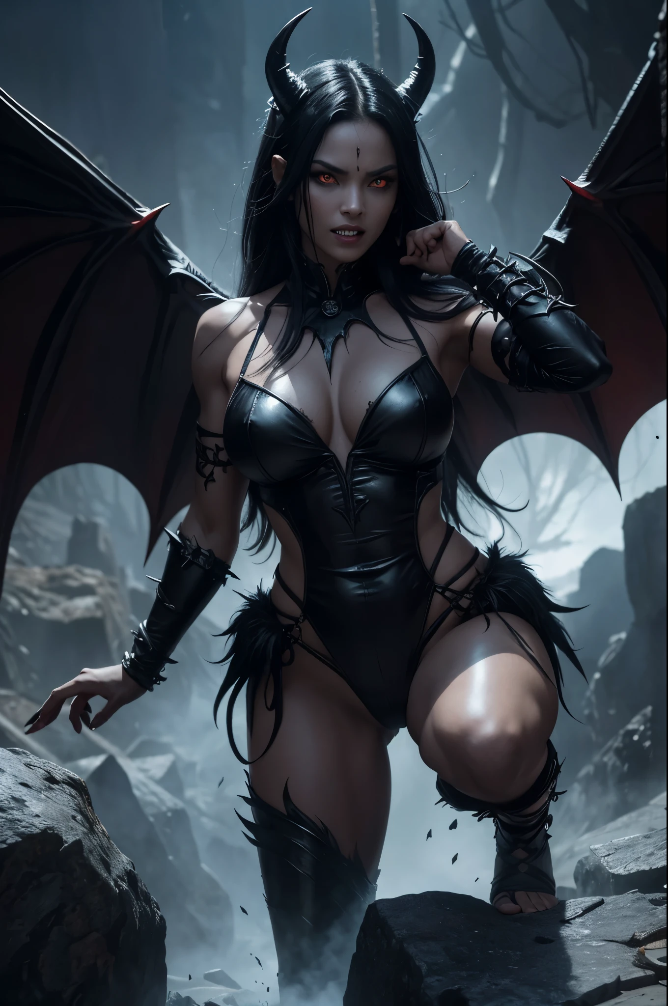8K,Demon woman in hellfire,bat wings,Evil Gaze,black binoculars,ugly and distorted expression,muscular macho body,The lower body is covered with black hair,2 devil horns,long thin fangs,sharp teeth,sharp nails,barefoot,rugged rock surface,masterpiece,Photorealistic RAW photos of the highest quality。insidious color,Backlight, cinematic lighting, film grain, 50mm lens, Nikon D850,beautiful expression,fantasy art,character art,Glaring at the viewer,horror film,Cat-like eyes(Eyes),blue-black skin(super realistic skin),very big breasts,Fighting style,perspective from above,attack,prepare yourself,bark,red and black shabby costume,action pose,