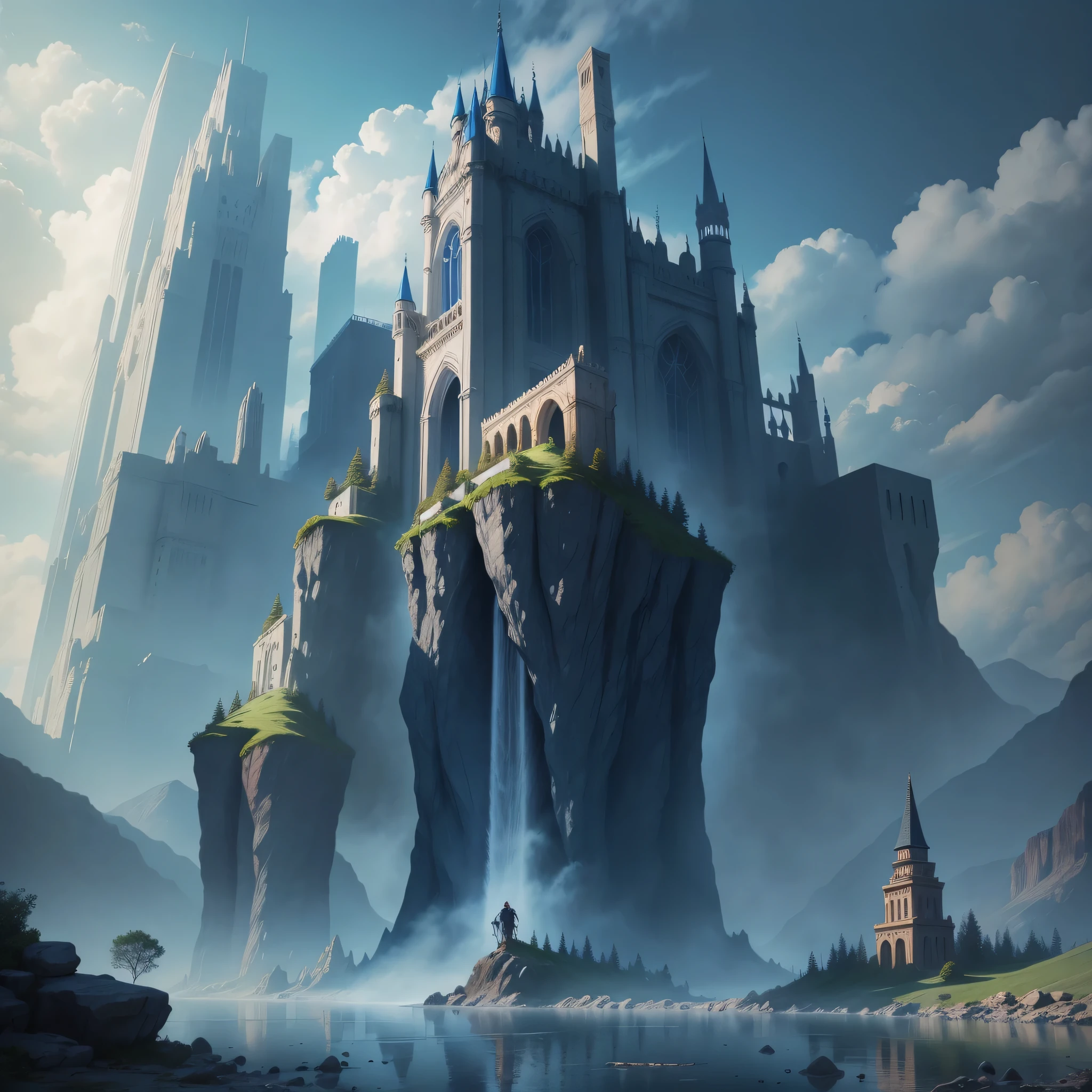 super huge castle　huge waterfall　cyberpunk　fantasy　blue sky　beautiful world　future world　top quality　​Masterpiece　ultra high resolution　mystery 