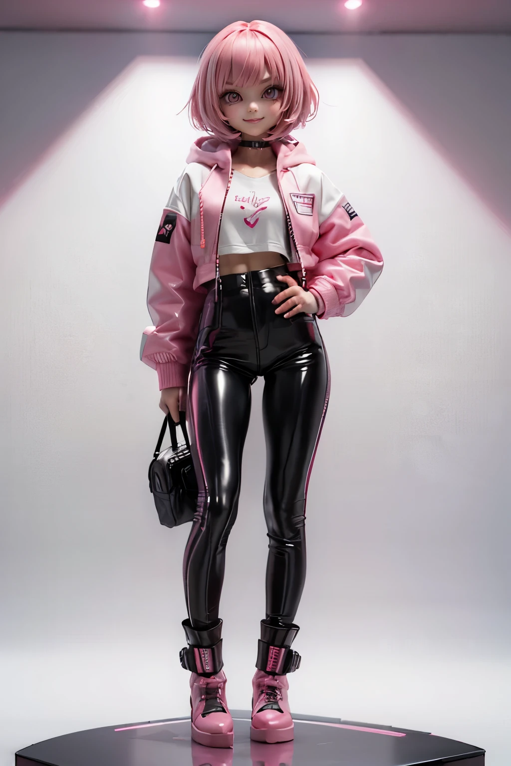 (1beautiful girl), 18 year old, pink bob cut hair, beautiful fingers, smile, vivid pink and white vinyl jacket, large size jacket, hoodie, ninja artist、beautiful hands, (futuristic cyberpunk clothes)、black vinyl pants、(vivid pink vinyl boots)、standing, just the Front view、full body, concept art, ((Simple white background))