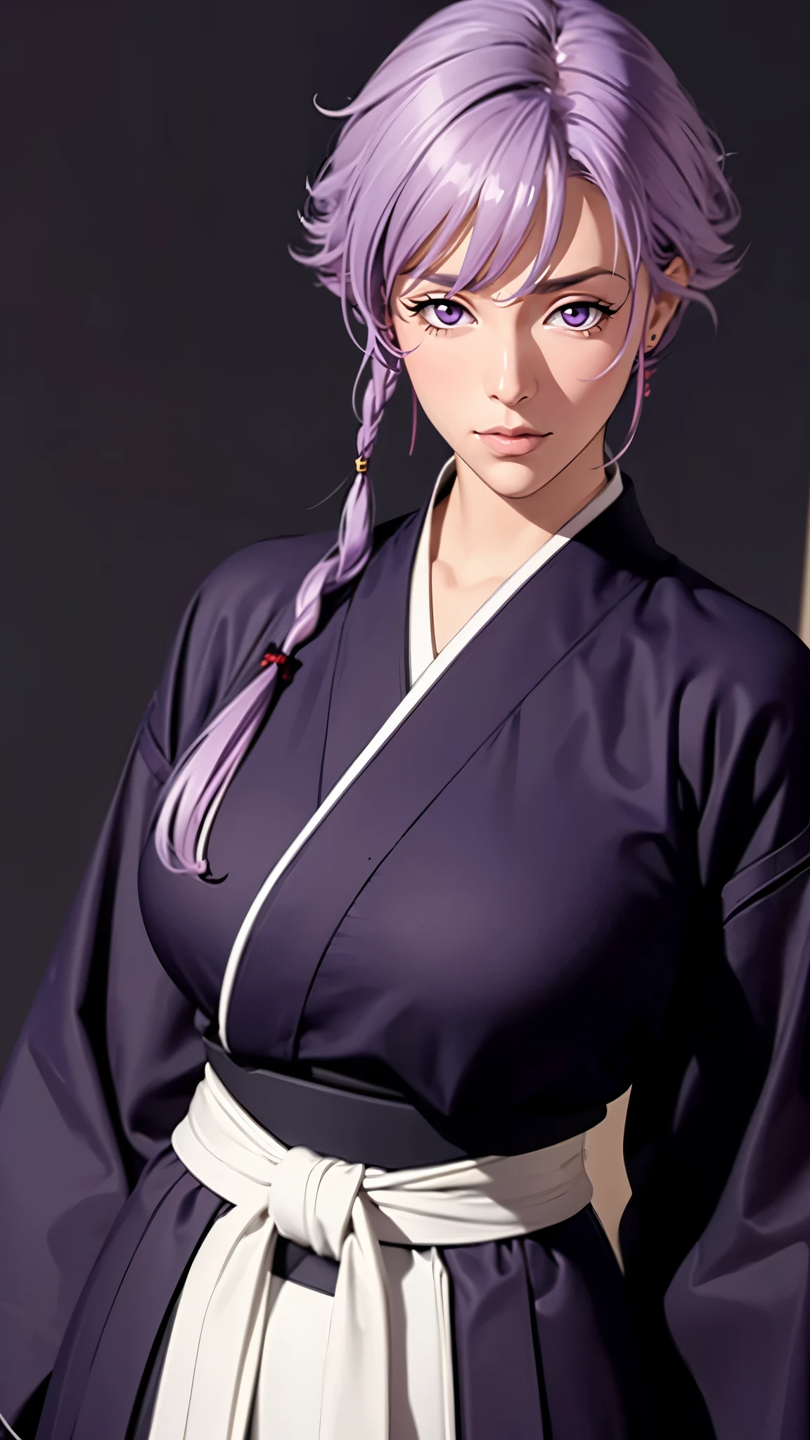 （（（完美figure，figure，long sleeves, japanese clothes, kimono, haori, black kimono, hakama, black hakama,（（（isane kotetsu, short hair, braid, purple hair, (purple eyes:1.1), hair braid, ））），））），((masterpiece)),high resolution, ((Best quality at best))，masterpiece，quality，Best quality，（（（ Exquisite facial features，looking at the audience,There is light in the eyes，Happy，laughing out loud））），（（（Light and shadow interlace，huge ））），（（（looking into camera，Put your hands behind your back）））