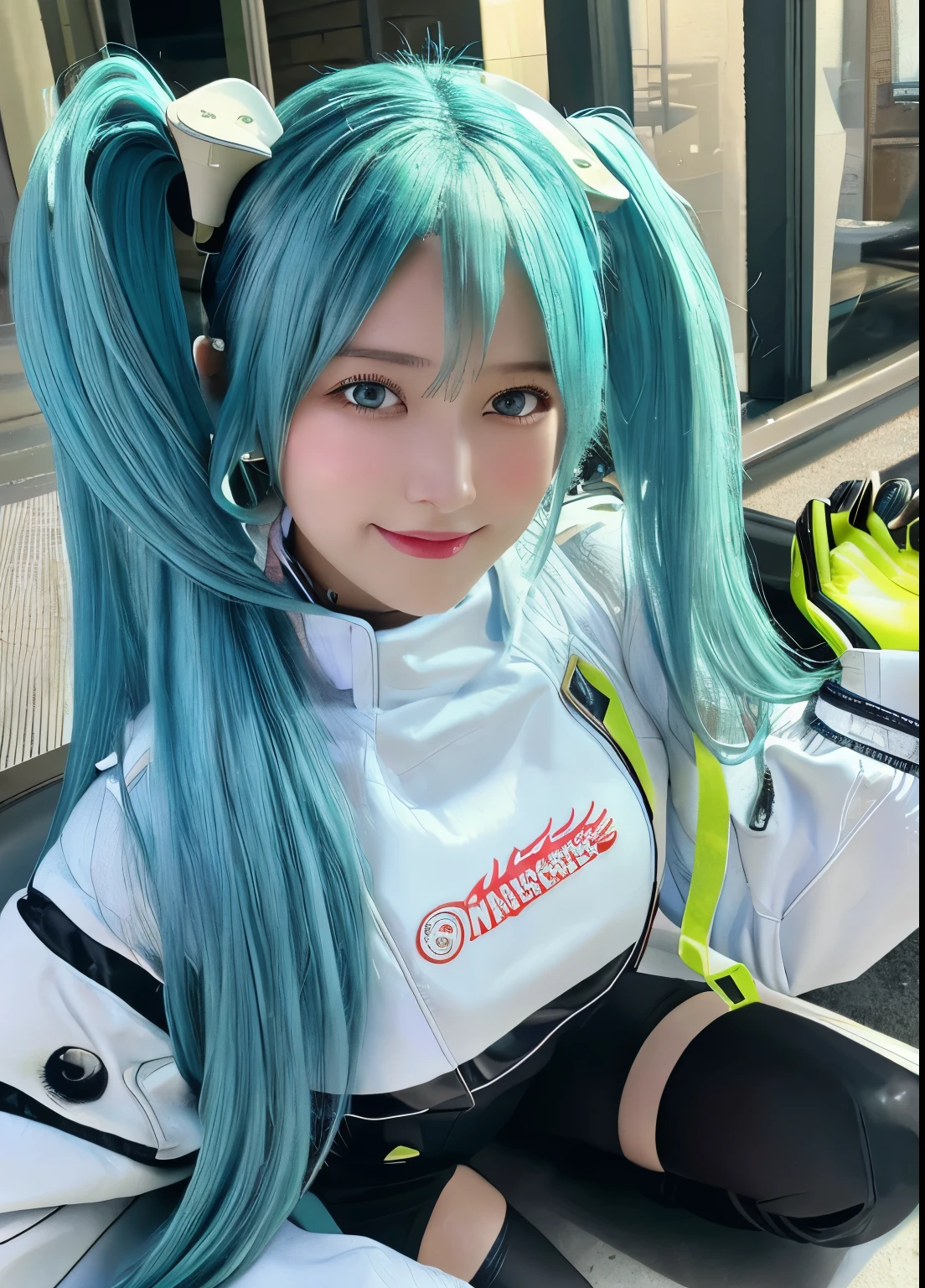 8K, highest quality, masterpiece, realistic, ultra detail, photo realistic, Improvement of quality,(looking at viewer), (masterpiece, highest quality, super detailed, best shadow, volume lighting), (beautiful detailed face, beautiful and fine eyes), (best illumination),masterpiece,(super detailed),1 girl, smile, car,  racecar, circuitry,  racing Miku, black bodysuit, cropped jacket, white jacket, long sleeve, Two-tone gloves, thigh boots,(Aqua blue hair), big breasts