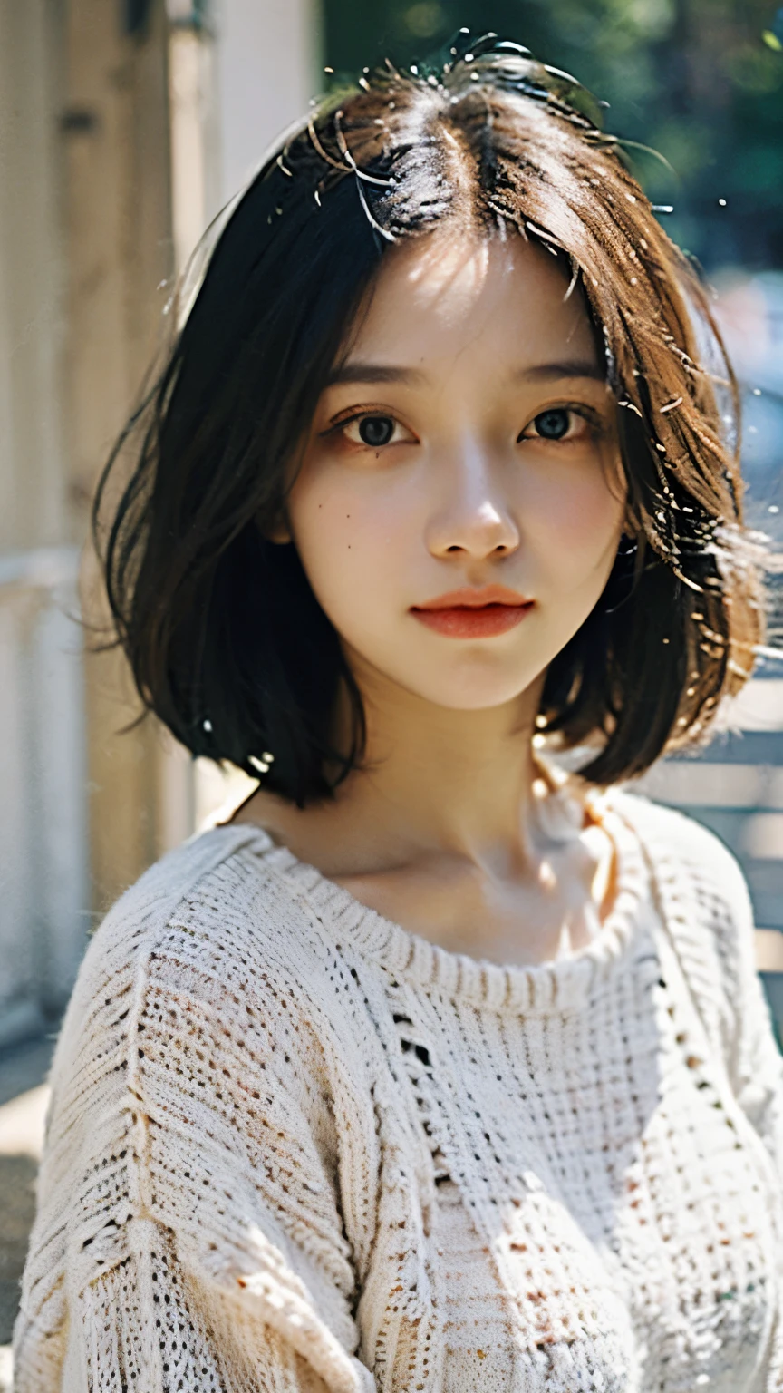 Short hair and white summer knit, summer knit, short hair, short hair with bangs, girl with cute face, cute fine face in portrait, French bob, pale fair skin!!, short brown hair and big eyes, soft portrait shot 8 k, beautiful light big eyes, beautiful young girl, young girl in a bob cut, best image quality, masterpiece, notes of Leonardo da Vinci da Vinci, Leonardo da Vinci's manuscript as a background