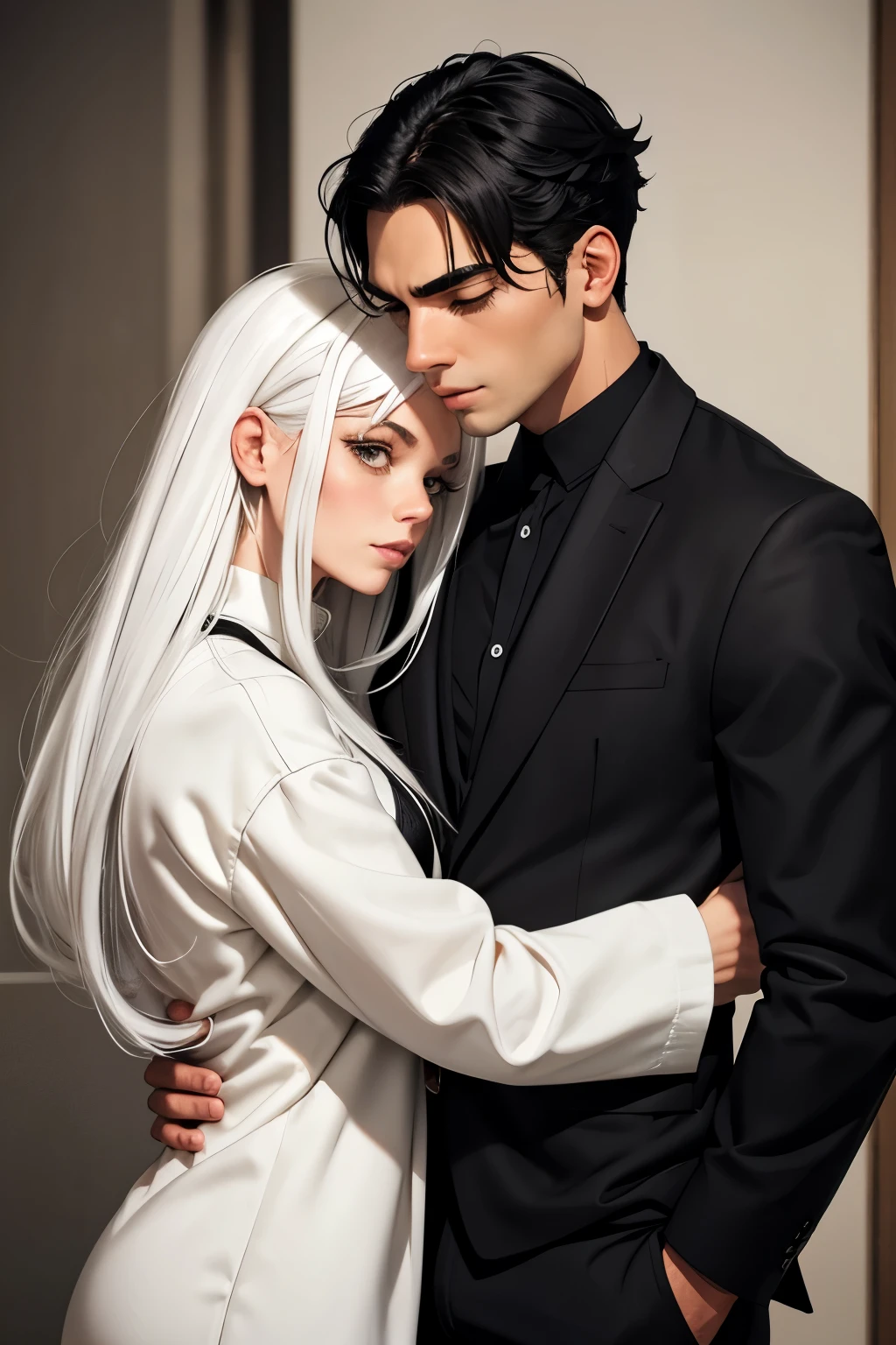 white hair man hugging black hair woman