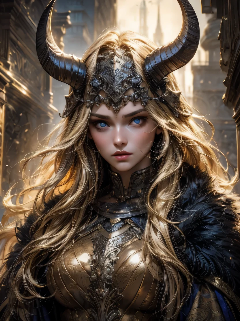 ((masterpiece、highest quality、Super detailed、High resolution、sharp focus、cinematic lighting))、portrait of a beautiful woman、cowboy shot、focus from the chest up、face light、viking warrior、((fur cloak、Warrior armor、Helmet with horns))、blonde hair、wavy hair、blue eyes、view audience、dynamic action、detailed hand drawing、Priest