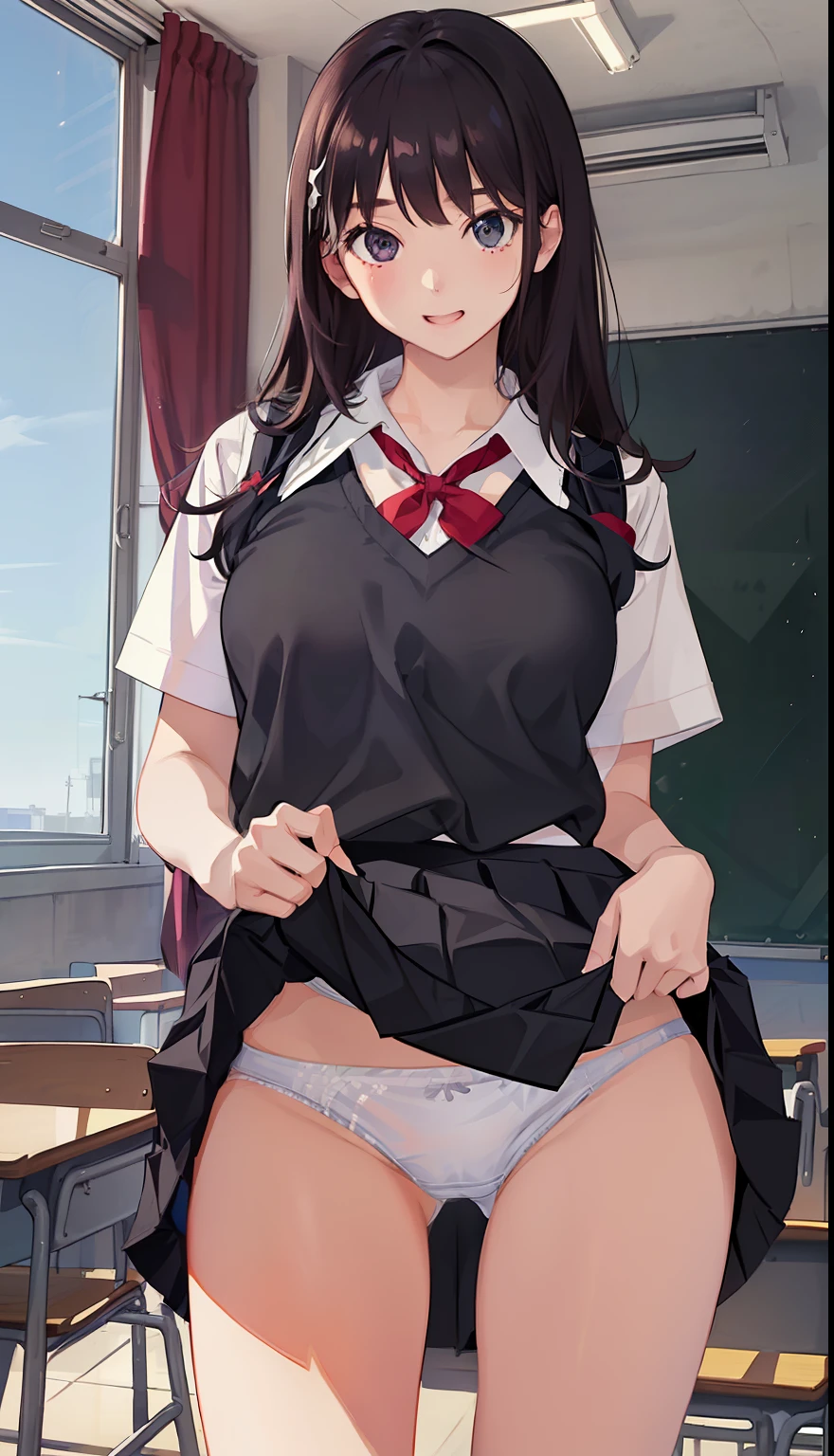 1 girl、laughter、fun! shirt、skirt、)、((classroom))、upper body portrait、(skirt lift:1.3),(Very detailed white panties:1.3)、(Very detailed panties:1.3)、、(skirt that rolls up:1.3)、(fully exposed panties:1.5)、