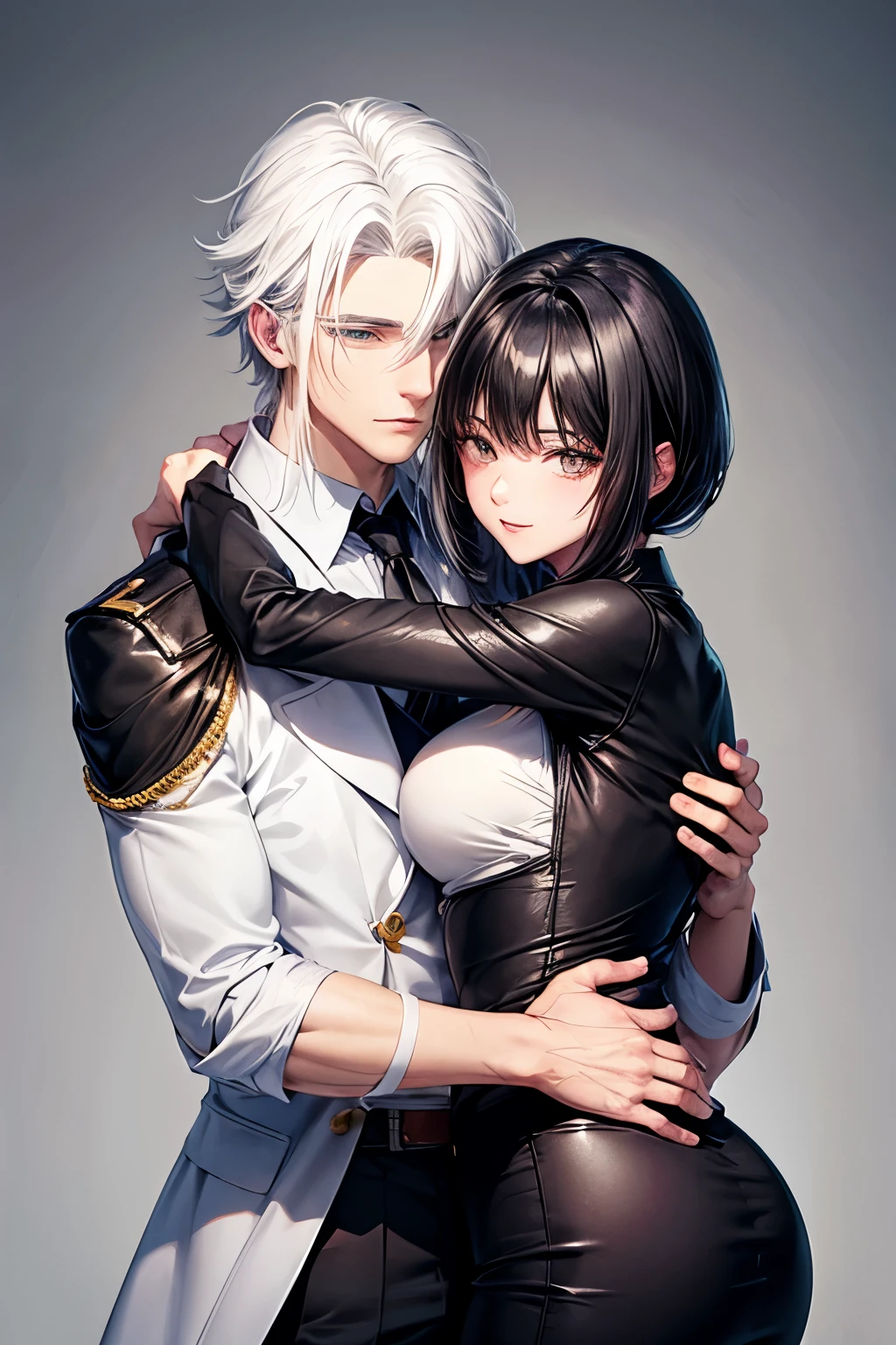 white hair man hugging black hair woman