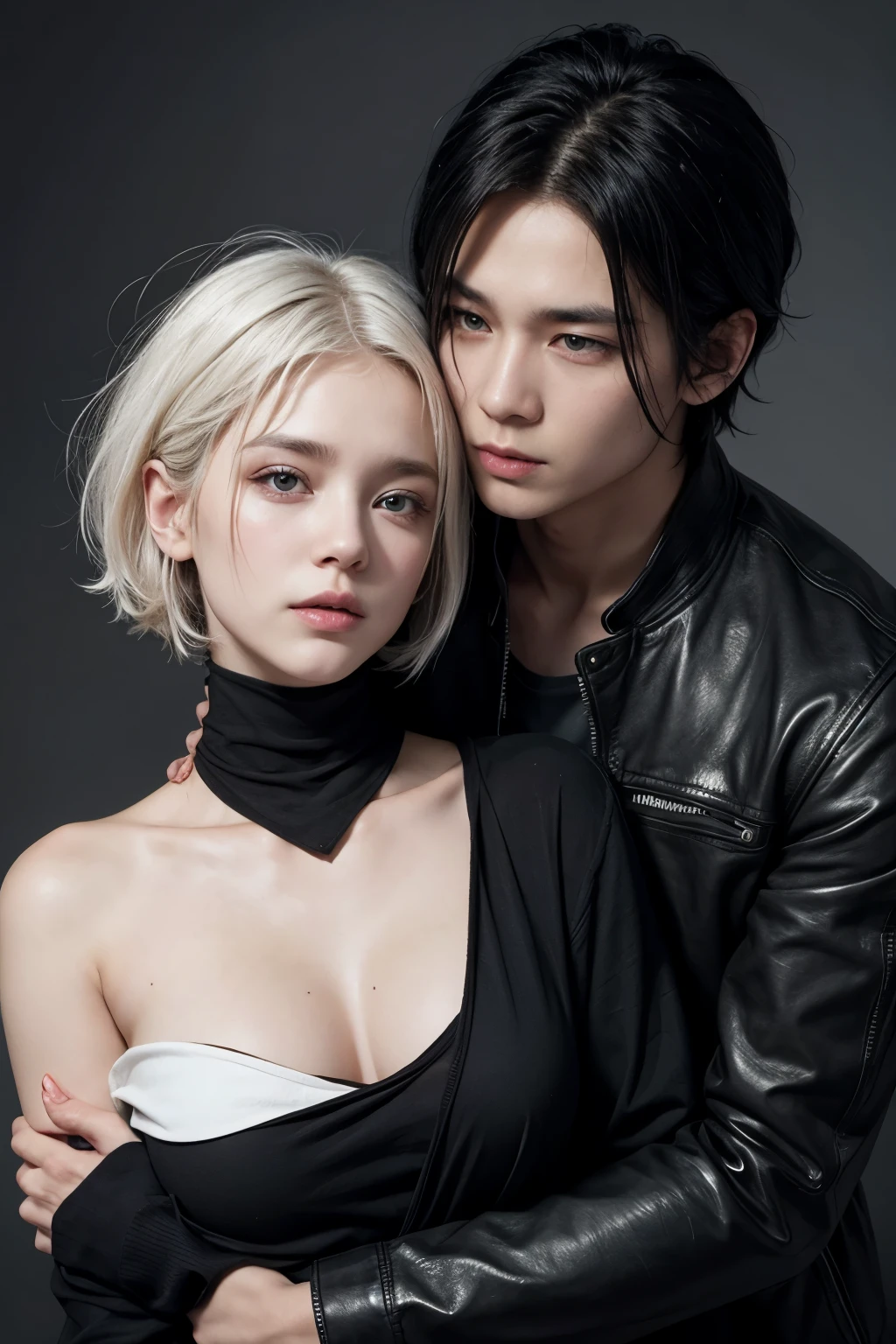 there are two people standing in a room with a mirror, very aesthetic leather jacket, goth aesthetic, wearing cyberpunk leather jacket, goth girl aesthetic, cruel korean goth girl, ulzzang, darkwave goth aesthetic, grunge aesthetic, black leather slim clothes, goth style, gothic aesthetic, male ulzzang, nixeu and sakimichan, pastel goth aesthetic