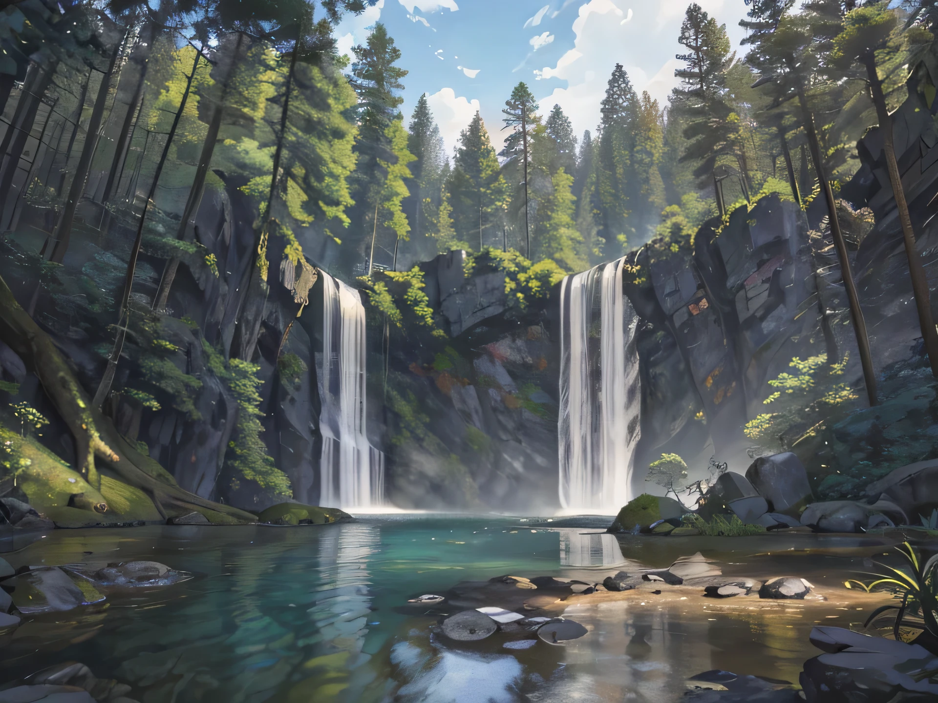 waterfall in the center surrounded by trees, spring, jungle, lake, cave, tree, meadow, rock, deer, hot spring, water vapor, (illustration: 1.0), epic composition, realistic lighting, HD details, masterpiece, best quality, (very detailed CG unified 8k wallpaper), vibrant