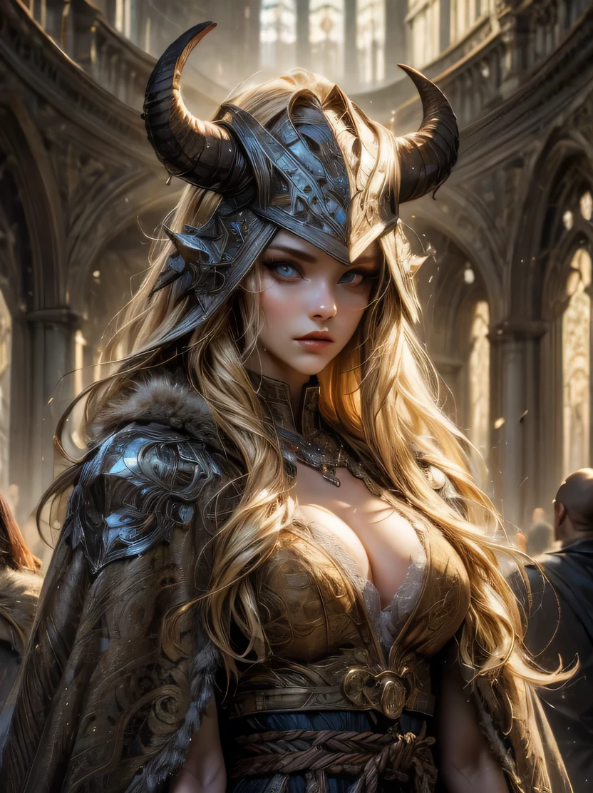 ((masterpiece、highest quality、Super detailed、High resolution、sharp focus、cinematic lighting))、portrait of a beautiful woman、cowboy shot、focus from the chest up、face light、viking warrior、((fur cloak、Warrior armor、Helmet with horns))、blonde hair、wavy hair、blue eyes、view audience、dynamic action、detailed hand drawing、Priest