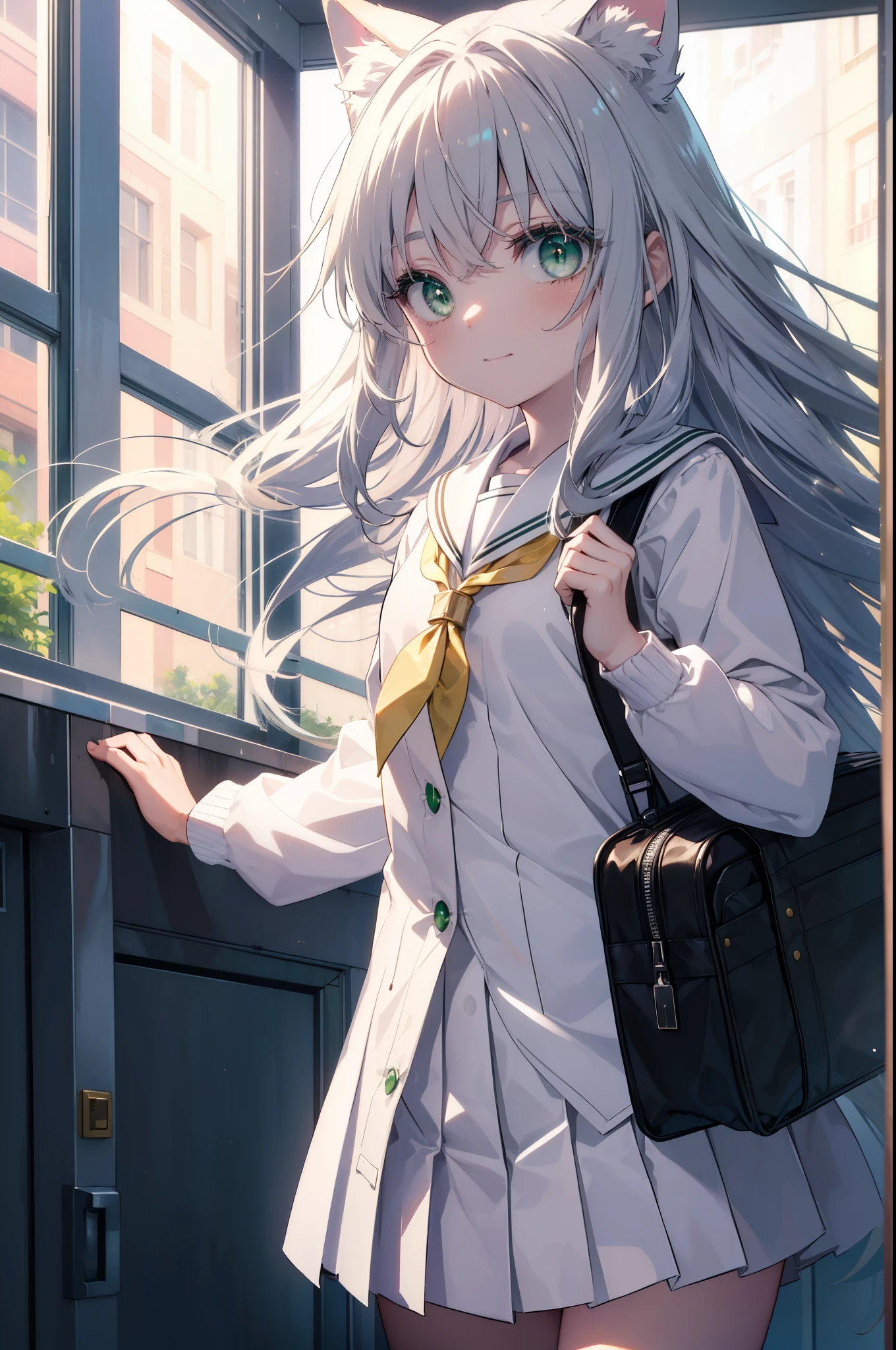 index, index, (green eyes:1.5), silver hair, long hair, (flat chest:1.2),smile,animal ears,Brown cat ears,brown cat tail,Japanese high school girl uniform(sailor suit)white cardigan,blue pleated skirt,short white socks,brown loafers,He breaks his school bag and looks at the audience., Upper body, whole body,
break down our door, destroy the whole city (masterpiece:1.2), highest quality, High resolution, unity 8k wallpaper, (shape:0.8), (beautiful and detailed eyes:1.6), highly detailed face, perfect lighting, Very detailed CG, (perfect hands, perfect anatomy),