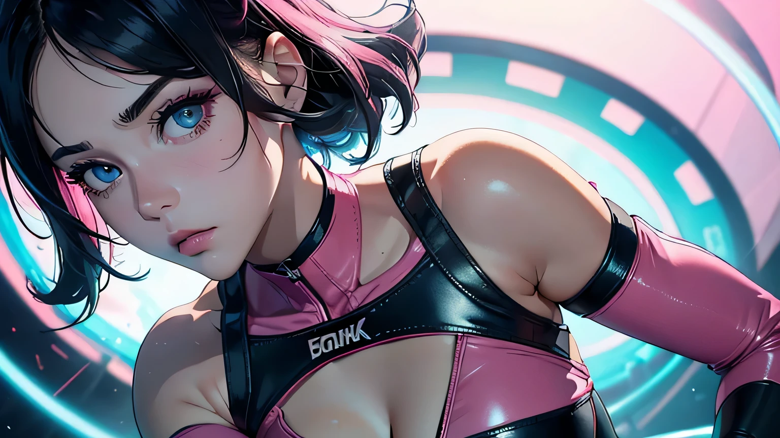 4K, A high resolution, Best quality at best, masterpiece, perfect colors, perfect shadow, perfect litthing, ((sportrait)), 1woman, fit body, heterochromia eyes,dark blue hair , blue eyes, With round lenses, The audience watched carefully, (s face: 1.2), Perfect female figure, ((dynamic pose)), ((pink Tight crop top pink leather suit)), ((shy and looking at viewert)), (Perfect thick white eyebrows) Delicate fur, 详细s face, s the perfect face, , (dynamic pose), cyberpunk abstract background, ((Bonifasko lighting)), (The round lenses on his eyes)(詳細な目), Perfect student, ((face close up))