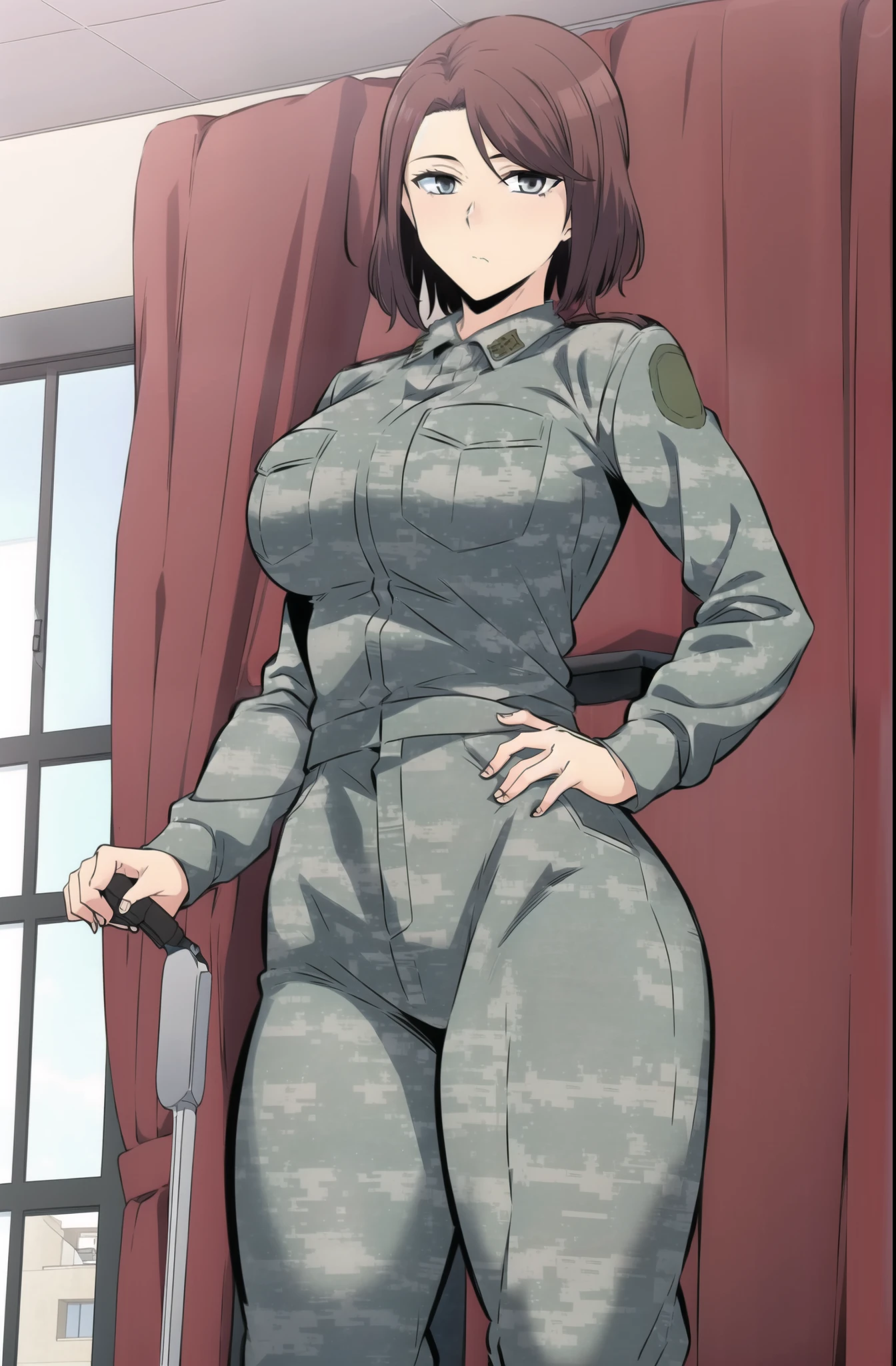 master piece, 1girl, solo, LOOKING AT VIEWER, WIDE HIPS, large breasts, brown hair, long sleeves, standing, jacket, cowboy shot, pants, indoors, uniform, military, window, military uniform, pocket, SHORT HAIR, BROWN HAIR, GREY EYES, tight clothes, clock, breast pocket
