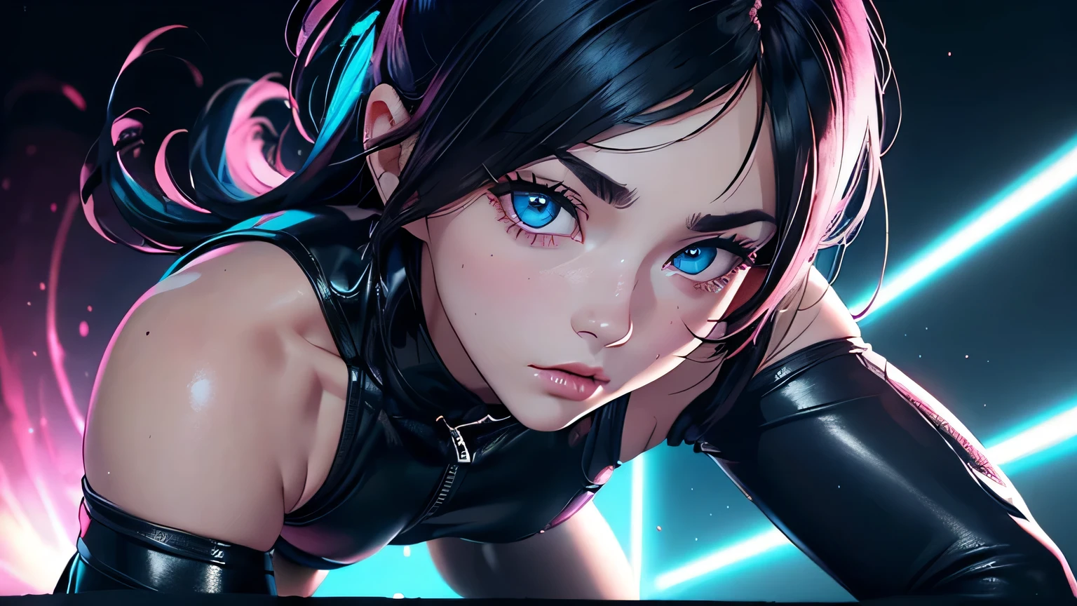 4K, A high resolution, Best quality at best, masterpiece, perfect colors, perfect shadow, perfect litthing, ((sportrait)), 1woman, fit body, heterochromia eyes，dark blue hair , blue eyes, With round lenses, The audience watched carefully, (s face: 1.2), Perfect female figure, ((dynamic pose)), ((pink Tight crop top pink leather suit)), ((shy and looking at viewert)), (Perfect thick white eyebrows) Delicate fur, 详细s face, s the perfect face,  , (dynamic pose), cyberpunk abstract background, ((Bonifasko lighting)), (The round lenses on his eyes)(詳細な目), Perfect student, ((face close up))