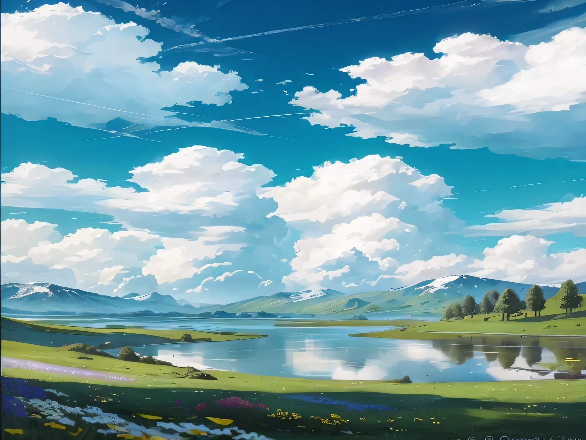 Summer, meadows, a few small flowers, clear lakes, sheep, heaven, large clouds, blue sky, hot weather, HD detail, hyper-detail, cinematic, surrealism, soft light, deep field focus bokeh, distant vistas are snowy mountains, ray tracing, and surrealism. --v6