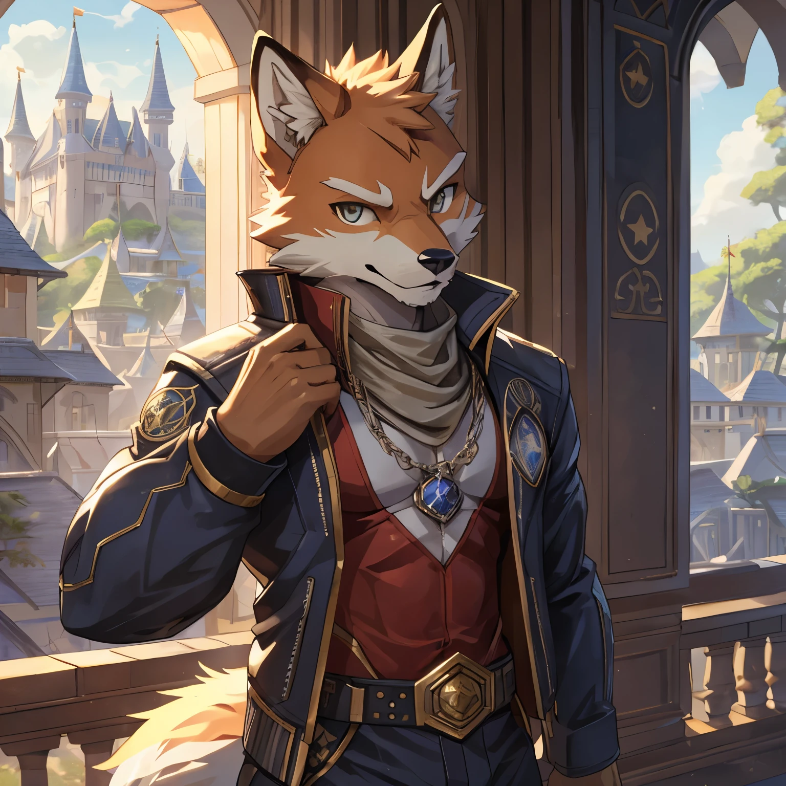 8k high definition, correct anatomy, anthropomorphic, masterpiece, king, (wearing jacket), (slim figure), front view, perfect hand, very seductive, background castle, official art, masculine, furry fox, (star fox), depth of field, perfect lighting, lightest grain quality, (masterpiece), (hyper detail), sharp focus, perfect hand, very seductive, realistic, perfect anatomy, nj5furry, solo, gentle, bright eyes, detailed eyes, looking at viewer, muscularity, (((full body))).