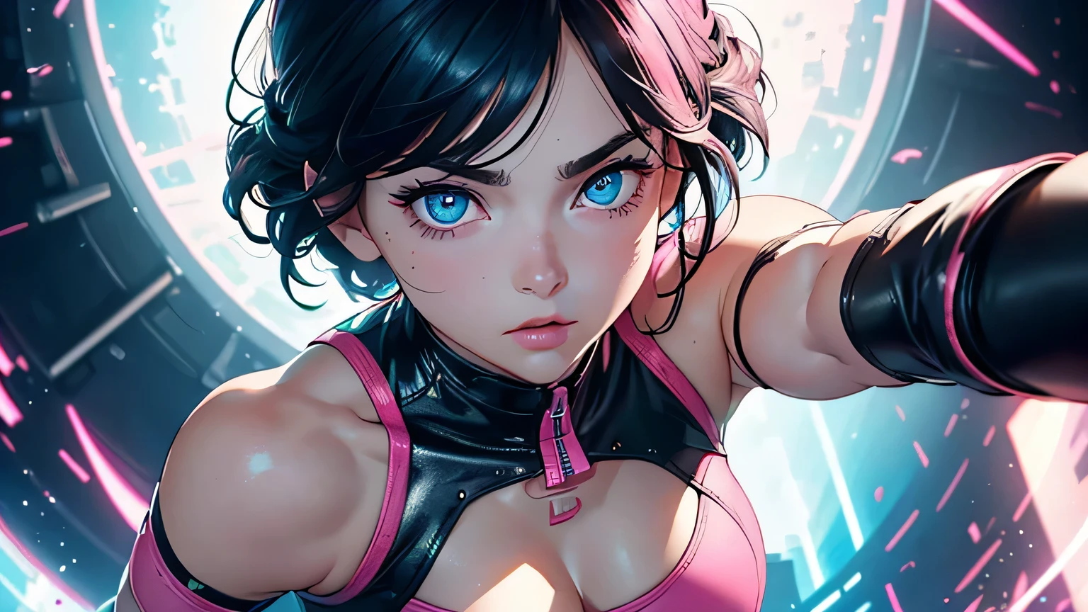 4K, A high resolution, Best quality at best, masterpiece, perfect colors, perfect shadow, perfect litthing, ((sportrait)), 1woman, fit body, heterochromia eyes,dark blue hair , blue eyes, With round lenses, The audience watched carefully, (s face: 1.2), Perfect female figure, ((dynamic pose)), ((pink Tight crop top pink leather suit)), ((shy and looking at viewert)), (Perfect thick white eyebrows) Delicate fur, 详细s face, s the perfect face, , (dynamic pose), cyberpunk abstract background, ((Bonifasko lighting)), (The round lenses on his eyes)(詳細な目), Perfect student, ((face close up))