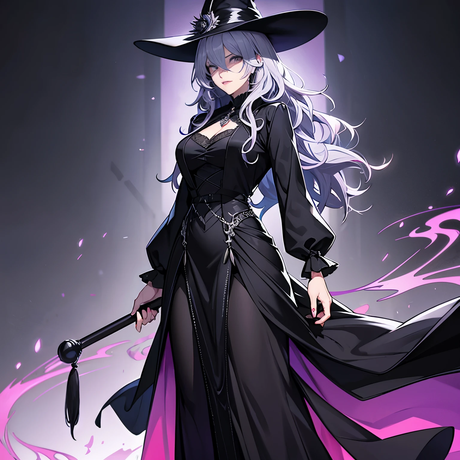 neon color hair,wavy shaggy hair,long hair,30s,1 mature woman,witch,black seath dress,maxi length dress, hair over both eye