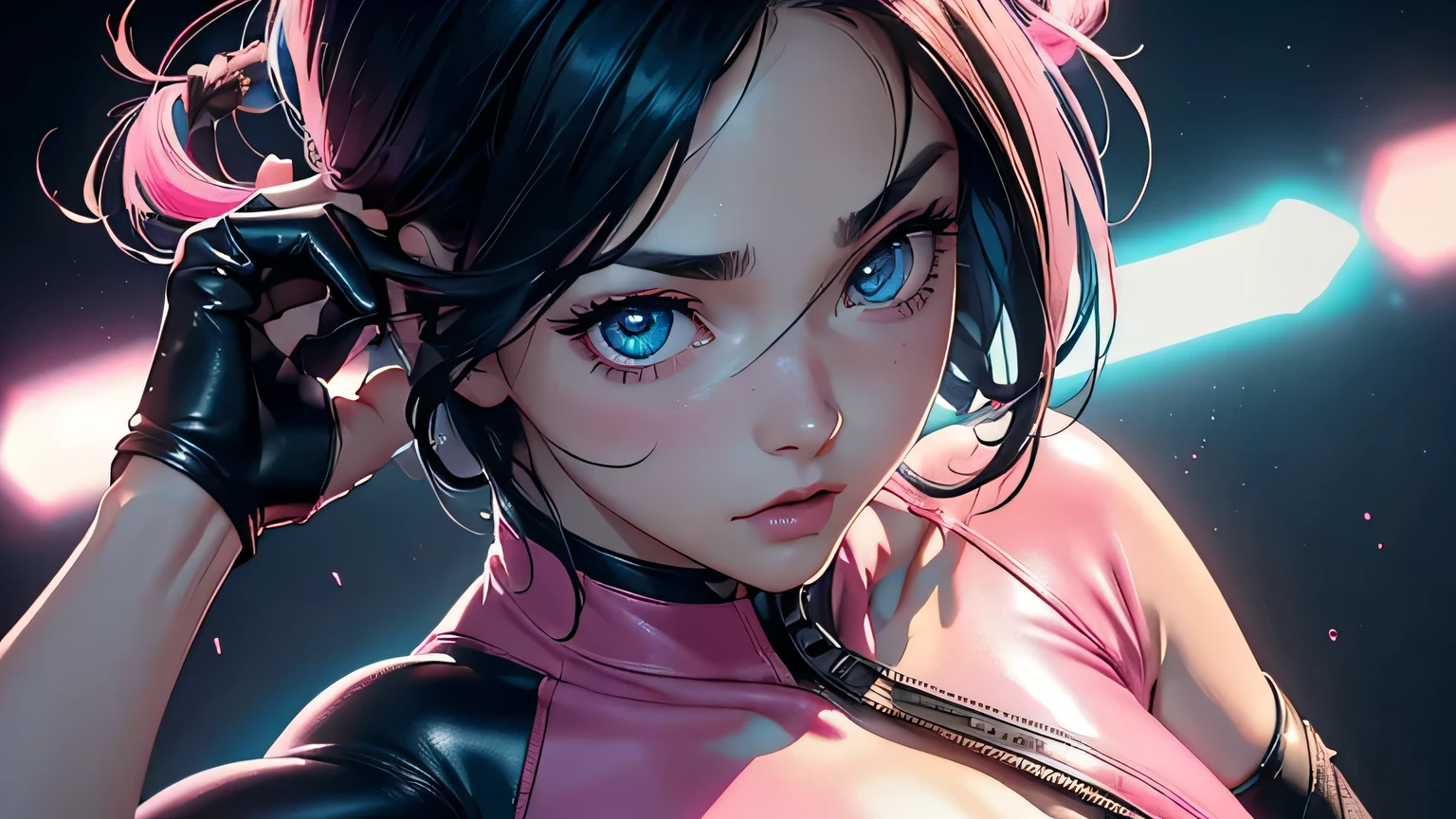4K, A high resolution, Best quality at best, masterpiece, perfect colors, perfect shadow, perfect litthing, ((sportrait)), 1woman, fit body, heterochromia eyes，dark blue hair , blue eyes, With round lenses, The audience watched carefully, (s face: 1.2), Perfect female figure, ((dynamic pose)), ((pink Tight crop top pink leather suit)), ((shy and looking at viewert)), (Perfect thick white eyebrows) Delicate fur, 详细s face, s the perfect face,  , (dynamic pose), cyberpunk abstract background, ((Bonifasko lighting)), (The round lenses on his eyes)(詳細な目), Perfect student, ((face close up))