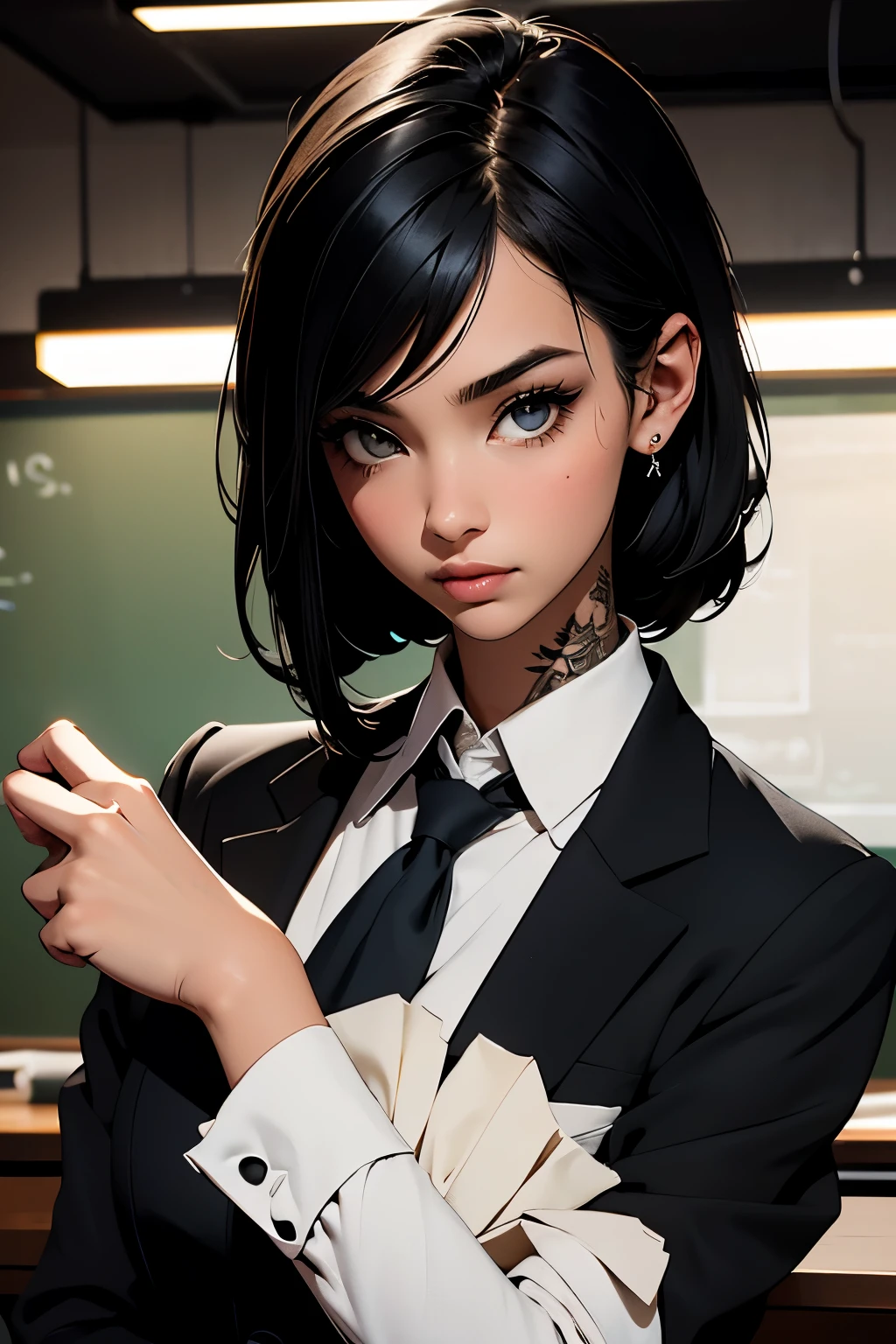 emo, emo girl, black hair, cute, tattoos, close up, a teacher in a sharp suit stands confidently, her attire tailored to perfection, her gaze is focused and intelligent, expressive lips offer a hint of approachability to her sophisticated demeanor