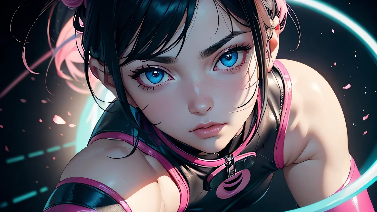 4K, A high resolution, Best quality at best, masterpiece, perfect colors, perfect shadow, perfect litthing, ((sportrait)), 1woman, fit body, heterochromia eyes,dark blue hair , blue eyes, With round lenses, The audience watched carefully, (s face: 1.2), Perfect female figure, ((dynamic pose)), ((pink Tight crop top pink leather suit)), ((shy and looking at viewert)), (Perfect thick white eyebrows) Delicate fur, 详细s face, s the perfect face, , (dynamic pose), cyberpunk abstract background, ((Bonifasko lighting)), (The round lenses on his eyes)(詳細な目), Perfect student, ((face close up))