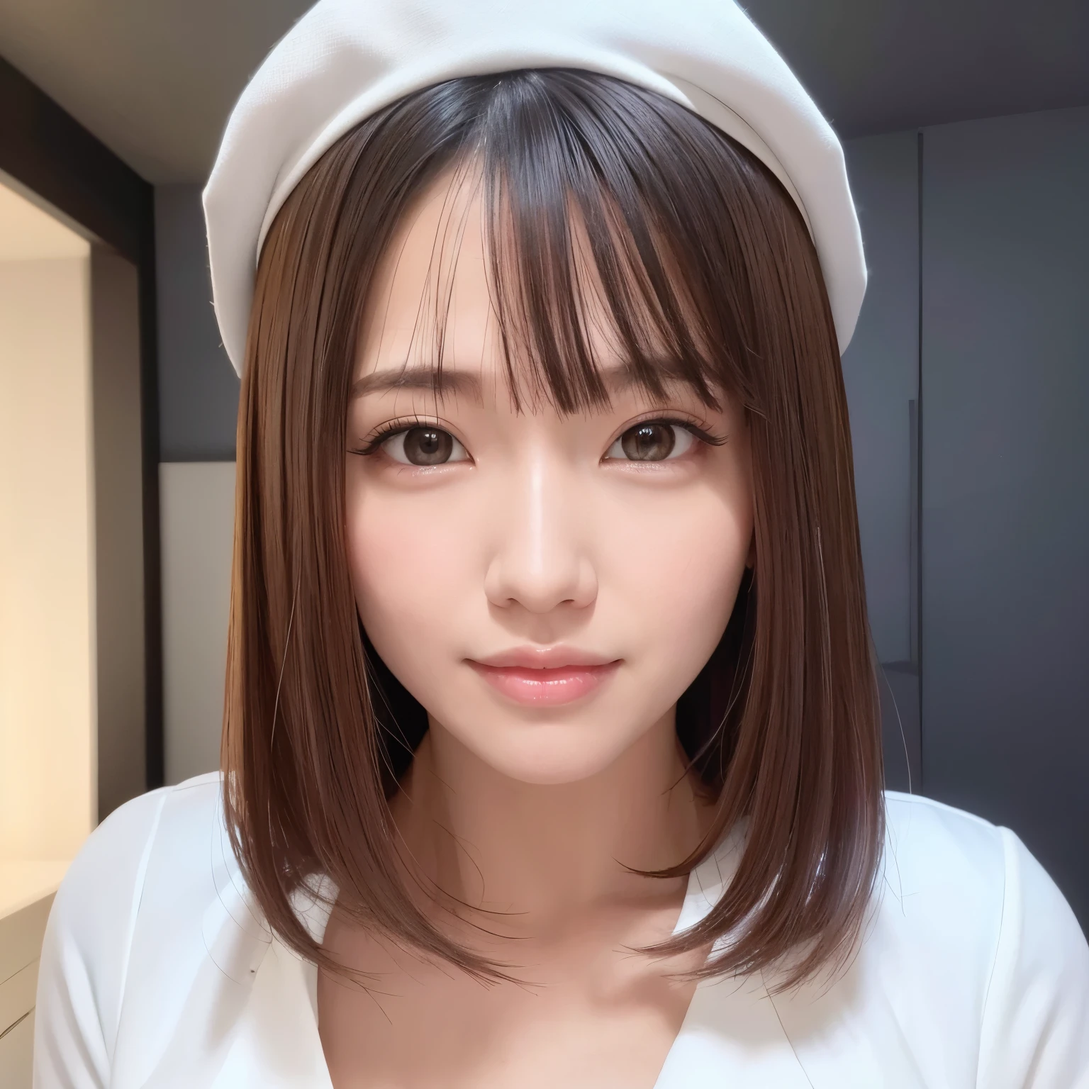 (highest quality、table top、8K、best image quality、Award-winning work)、one beautiful nurse、Shining beautiful skin、(perfect authentic nurse uniform:1.1)、(Authentic perfect plain nurse cap:1.1)、Small cleavage)、Shining ultra-high definition skin、(accurate ???????:1.1)、A gentle smile looking at me、(photo from the chest up:1.1)、(close up of face:1.05)、stand gracefully、(Blurry hospital room background:1.1)、portrait photography、draw softly and smoothly、(very bright:1.1)、very romantic、光を受けてShining beautiful skin、the most detailed and perfect face、most detailed glowing eyes、beautiful and moisturized skin、Beautiful skin with ultra-high definition gloss and moisture、Ultra high definition beautiful face、Ultra high definition perfect teeth、ultra high definition hair、Ultra high definition glossy lips