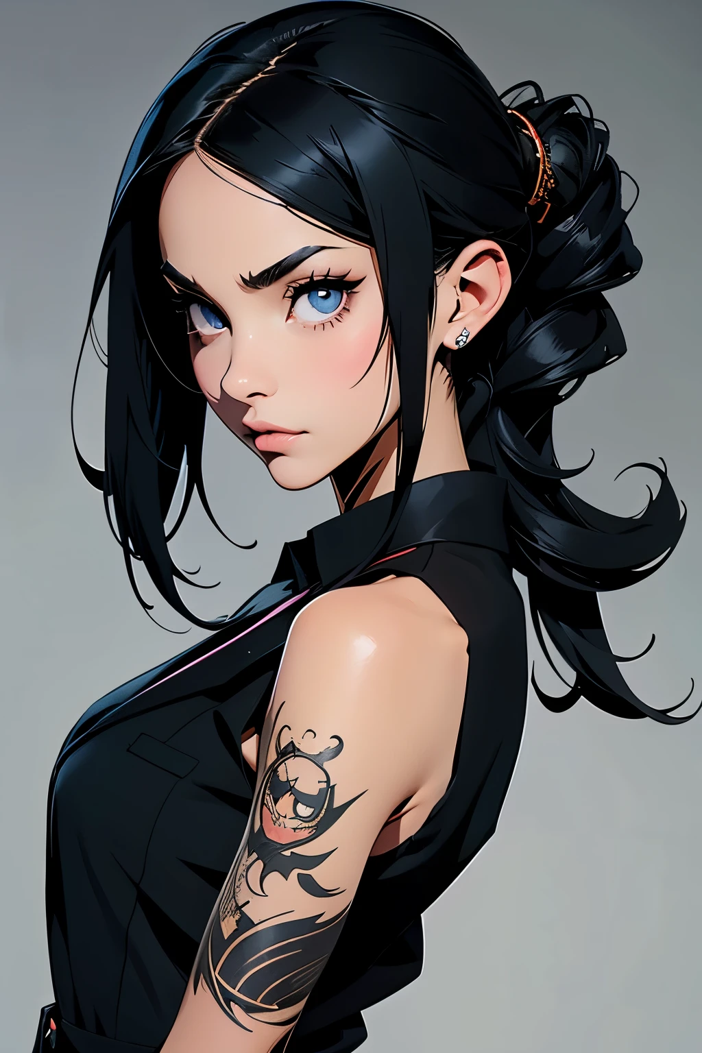 emo, emo girl, black hair, cute, tattoos, close up, a teacher in a sharp suit stands confidently, her attire tailored to perfection, her gaze is focused and intelligent, expressive lips offer a hint of approachability to her sophisticated demeanor, flat colors, cel shading, (anime:1.4)