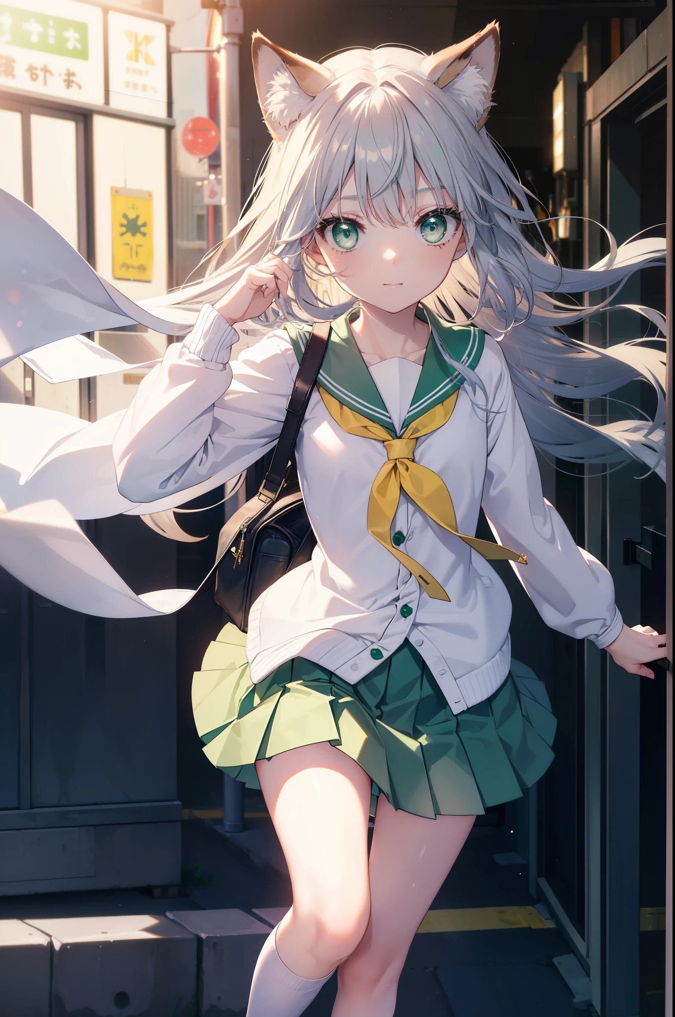 index, index, (green eyes:1.5), silver hair, long hair, (flat chest:1.2),smile,animal ears,Brown cat ears,brown cat tail,Japanese high school girl uniform(sailor suit)white cardigan,blue pleated skirt,short white socks,brown loafers,He breaks his school bag and looks at the audience., Upper body, whole body,
break down our door, destroy the whole city (masterpiece:1.2), highest quality, High resolution, unity 8k wallpaper, (shape:0.8), (beautiful and detailed eyes:1.6), highly detailed face, perfect lighting, Very detailed CG, (perfect hands, perfect anatomy),