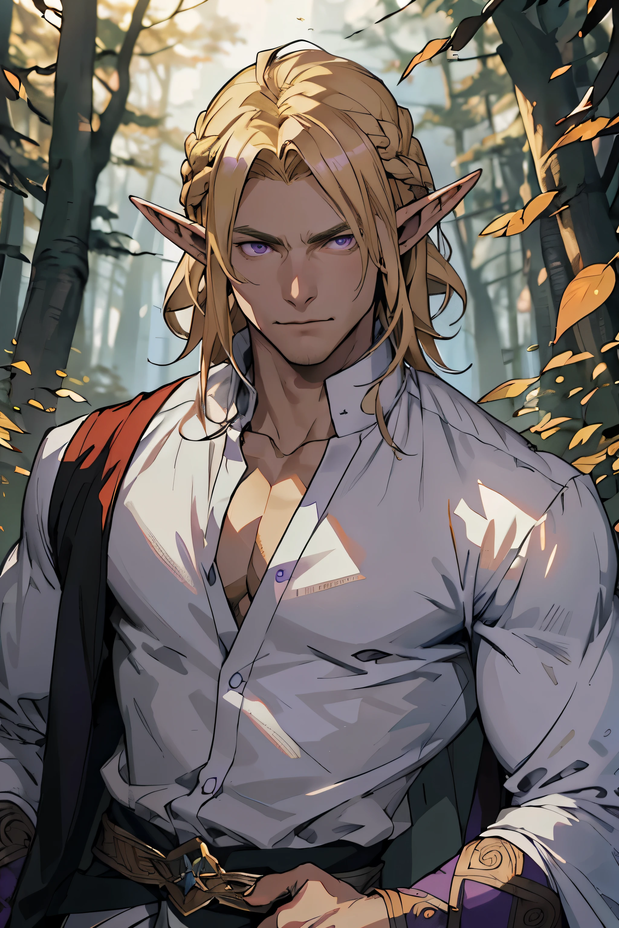 anime - style image of a young elf with olhos roxos and cabelo loiro, cabelo loiro, cabelo loiro, a portrait of um elfo masculino, lindo elfo masculino, um elfo masculino, retrato de um jovem elfo bruxo, handsome guy in demon slayer art, elfo masculino, jovem meio elfo bruxo, handsome androgynous prince, elven character with smirk, obras de arte no estilo de guweiz, serious guy, camisa de peito aberto, olhos roxos, olhos roxos,