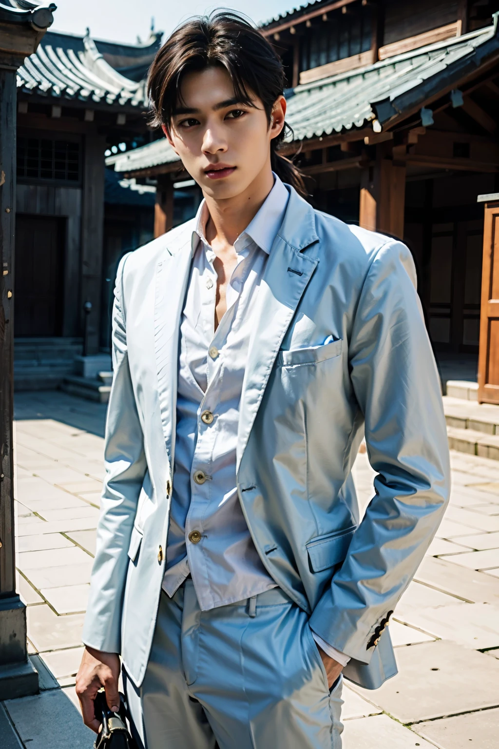 (8k, RAW photo, best quality, masterpiece:1.2), (realistic, photo-realistic:1.37),A man wearing a white western suit, tall,kpop idol, well-proportioned face, sharp eyes, neat lips, prominent nose, slender prominent jaw, long hair braided, strong physique, wide chest,in front of burmese ancient Buddhist Temple,8k,sharp focus,full body,