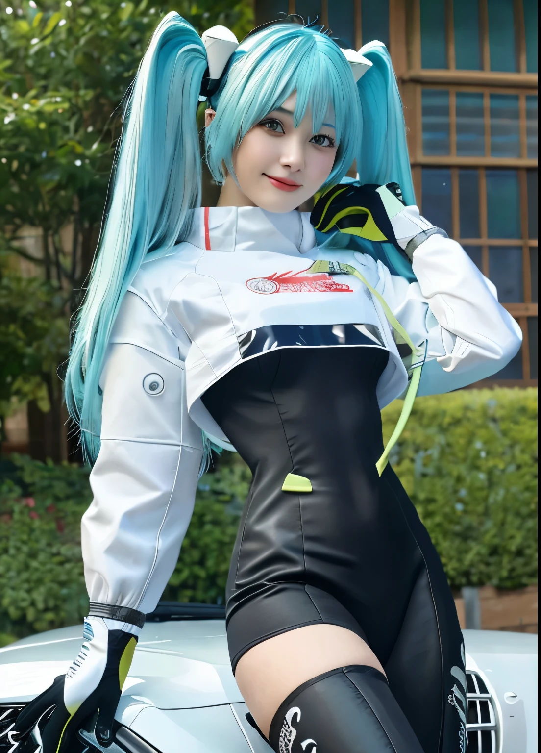 8K, highest quality, masterpiece, realistic, ultra detail, photo realistic, Improvement of quality,(looking at viewer), (masterpiece, highest quality, super detailed, best shadow, volume lighting), (beautiful detailed face, beautiful and fine eyes), (best illumination),masterpiece,(super detailed),1 girl, smile, car,  racecar, circuitry,  racing Miku, black bodysuit, cropped jacket, white jacket, long sleeve, Two-tone gloves, thigh boots,(Aqua blue hair), big breasts