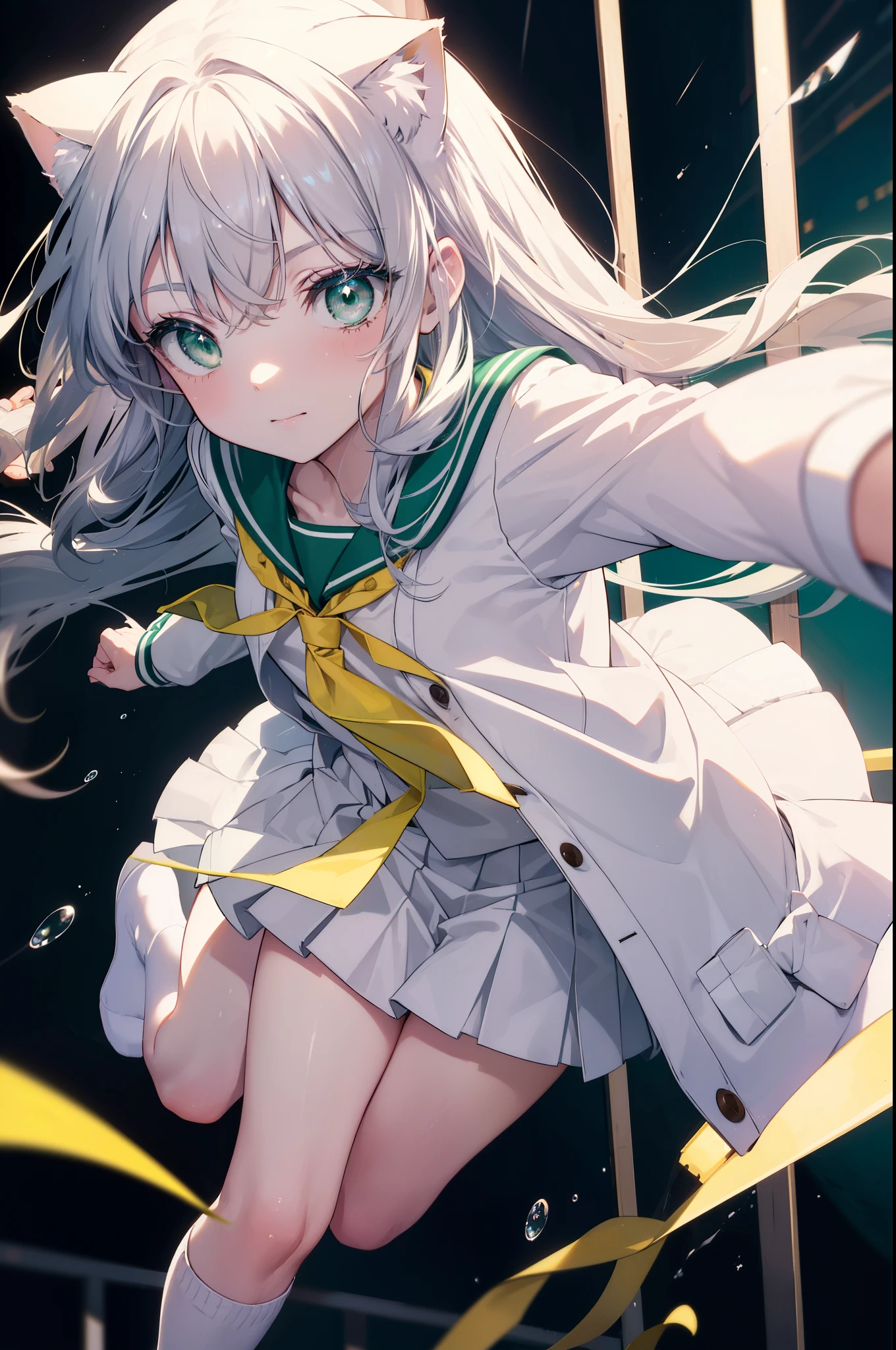 index, index, (green eyes:1.5), silver hair, long hair, (flat chest:1.2),smile,animal ears,Brown cat ears,brown cat tail,Japanese high school girl uniform(sailor suit)white cardigan,blue pleated skirt,short white socks,brown loafers,He breaks his school bag and looks at the audience., Upper body, whole body,
break down our door, destroy the whole city (masterpiece:1.2), highest quality, High resolution, unity 8k wallpaper, (shape:0.8), (beautiful and detailed eyes:1.6), highly detailed face, perfect lighting, Very detailed CG, (perfect hands, perfect anatomy),