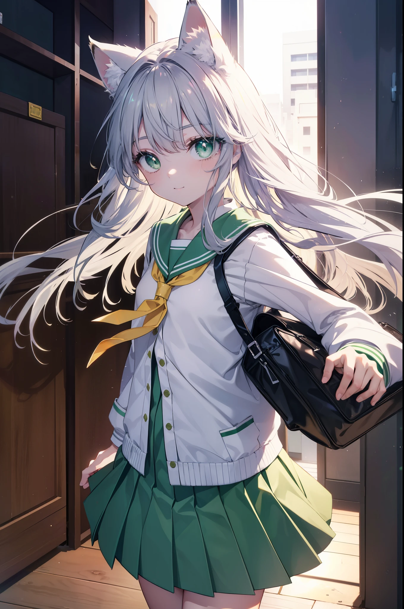 index, index, (green eyes:1.5), silver hair, long hair, (flat chest:1.2),smile,animal ears,Brown cat ears,brown cat tail,Japanese high school girl uniform(sailor suit)white cardigan,blue pleated skirt,short white socks,brown loafers,He breaks his school bag and looks at the audience., Upper body, whole body,
break down our door, destroy the whole city (masterpiece:1.2), highest quality, High resolution, unity 8k wallpaper, (shape:0.8), (beautiful and detailed eyes:1.6), highly detailed face, perfect lighting, Very detailed CG, (perfect hands, perfect anatomy),