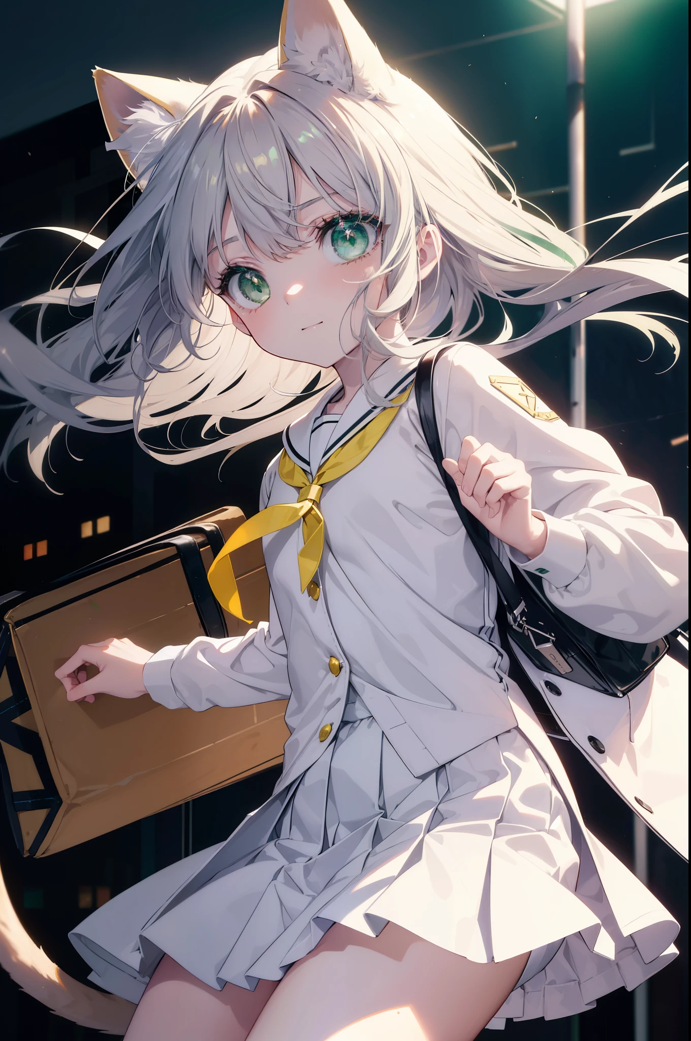 index, index, (green eyes:1.5), silver hair, long hair, (flat chest:1.2),smile,animal ears,Brown cat ears,brown cat tail,Japanese high school girl uniform(sailor suit)white cardigan,blue pleated skirt,short white socks,brown loafers,He breaks his school bag and looks at the audience., Upper body, whole body,
break down our door, destroy the whole city (masterpiece:1.2), highest quality, High resolution, unity 8k wallpaper, (shape:0.8), (beautiful and detailed eyes:1.6), highly detailed face, perfect lighting, Very detailed CG, (perfect hands, perfect anatomy),