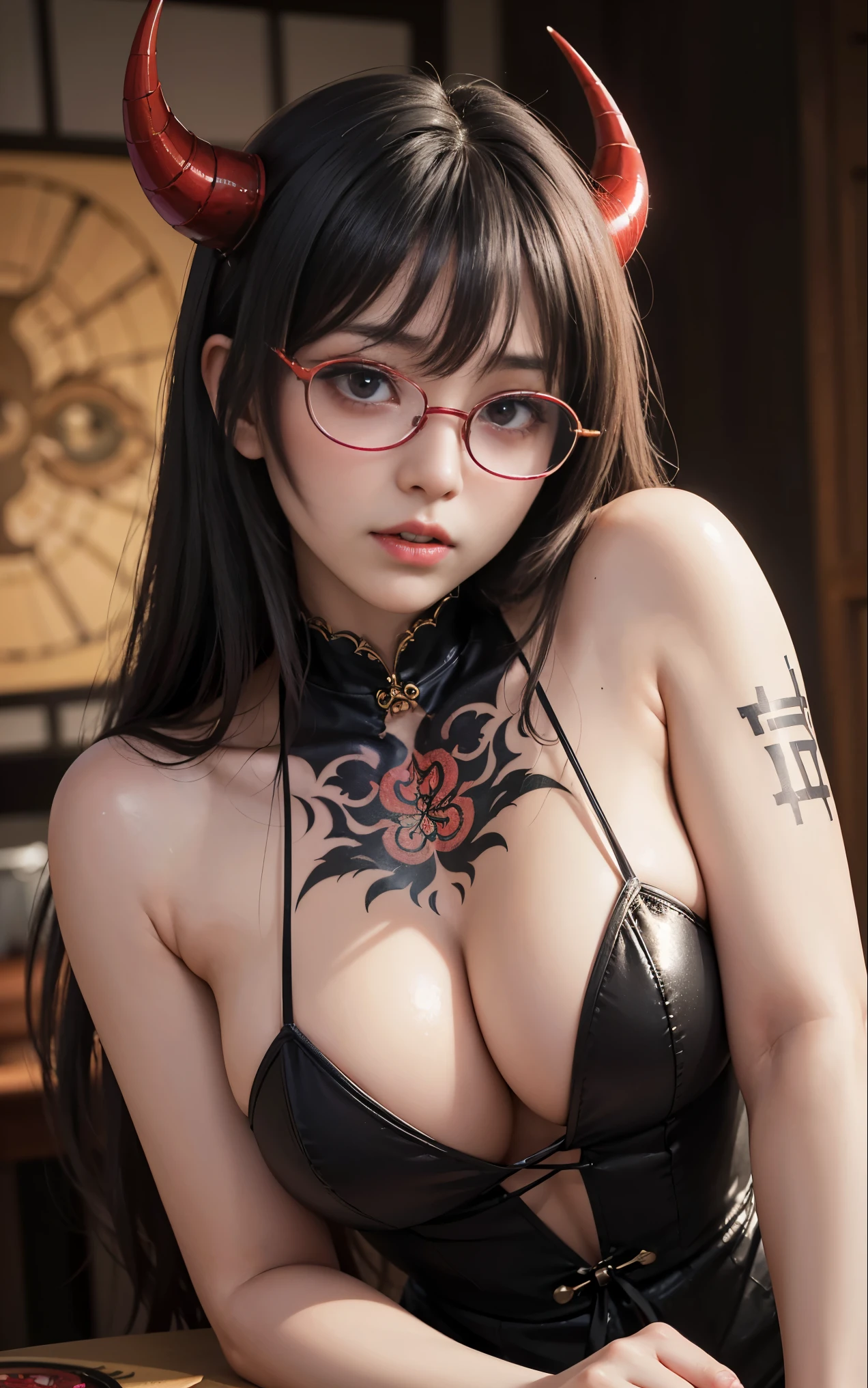 OKですかですか、(best illustrations)、8k UHD resolution、intricate details、highest quality、realistic、Super detailed、best lighting、best shadows、soft lighting、Ultra HD、超realistic、Tyndall effect、Photoreal、(high detail skin:1.2)、 (intricate details, compensate, face to face with the children_v1:0.5), (OK, beautiful and delicate face, OKですか, beautiful and delicate eyes, perfectly proportioned face, high resolution skins, fine skin, Optimal ratio of 4 fingers and 1 thumb, arm under chest, red tattoo on lower abdomen、wow wow, wide hips, smooth abdomen, thin and thin skin, __fashion__, __hair__:1.25)、Digital single-lens reflex camera、 absurd、(table top: 1.3), (maximum resolution: 1.2), (Ultra HDTV: 1.2), cinematic light, fine eyes and skin, detailed facial features, , (sharp focus: 1.2）, (focus on face:1.2),perfect style, beautiful face, acura, anatomically correct, Highly detailed face and skin texture, fine eyes, double eyelid, thin eyebrows, glitter eyeliner: 1 natural cheeks, Glossy skin, Fair skin: 1.2, (glossy lips: 1.4),(embarrassed look: 1.2),Highly detailed face and skin texture, fine eyes, double eyelid, natural cheeks,  glossy lips: 1.4,exposed cleavage、Bewitching。charm、 Beautiful devil woman from hell, Surreal female portraits by David Hockney and Alphonse Mucha, charm女性の肖像画、fantasy art, chinese doll、chinese actress、dungeon、dragon、devil&#39;palace of、devil&#39;torture chamber、night、dark style 、in the dark、(detailed spooky background:0.8), magic、 1 girl、evil nun、dark necromancer、Succubus、devil&#39;Daughter of、Shinonome Umi、bat wings，(((devil&#39;Horn)))、 ((((giant glasses, otaku glasses, thick glasses, round glasses)))),(((big breasts)))、(devil&#39;Tail)、(red eyesは光り輝いて:1.6)、red eyesは非常に鮮明で詳細です, your eyes are made up so beautifully, ((red eyes:1.0)),intricate tattoo, demonic intricate tattoo, tattoo on thigh, body tattoo, masterpiece、最もbeautiful face、baby face、cute smile、beautiful plump red lips、筋肉のcharm体、devilのcharm体、devil style、charmブラックマジックコスチューム、The long-haired、Braid、Black hair、Ponytail distortion、, Ponytail with a bow tied at the back of the hair, beautiful expression、body up、big breasts強調、bust,  super tight chest, Breast augmentation surgery, The chest is very large and round,tight waist、wide ass、 secret key, cowboy lens, (Black Phoenix Dress: 1.0),  devil crown,  red sparkling gemstone necklace、Jewelry G Wise,  Please wear black mesh socks,Wear light red、nffsw, nffsw, meet beautiful girls, looking at girl&#39;body of,