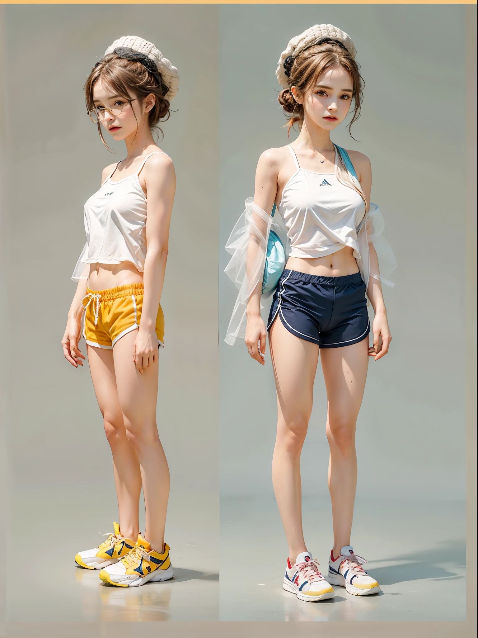 masterpiece, best quality, realistic, colorful, delicate, sharp focus, (PureErosFace_V1:0.5), (detailed beautiful delicate face, high detailed skin, skiny and thin:1.3), 1girl, 19 years old, tall, (smooth_abs:1.55), (abs:0.5), pretty, masterpiece, (long_skinny_legs), (straight_legs), (skinny_waist), (((fair skin))), white skin, bandeau, (school_uniform:swim_suits:0.5), yellow/pink shorts, chestnut brown hair, looking at viewer, yellow/orange sports shoes, glasses, (Emma_watson), big_breast, swimmer, white knit hat, boxer