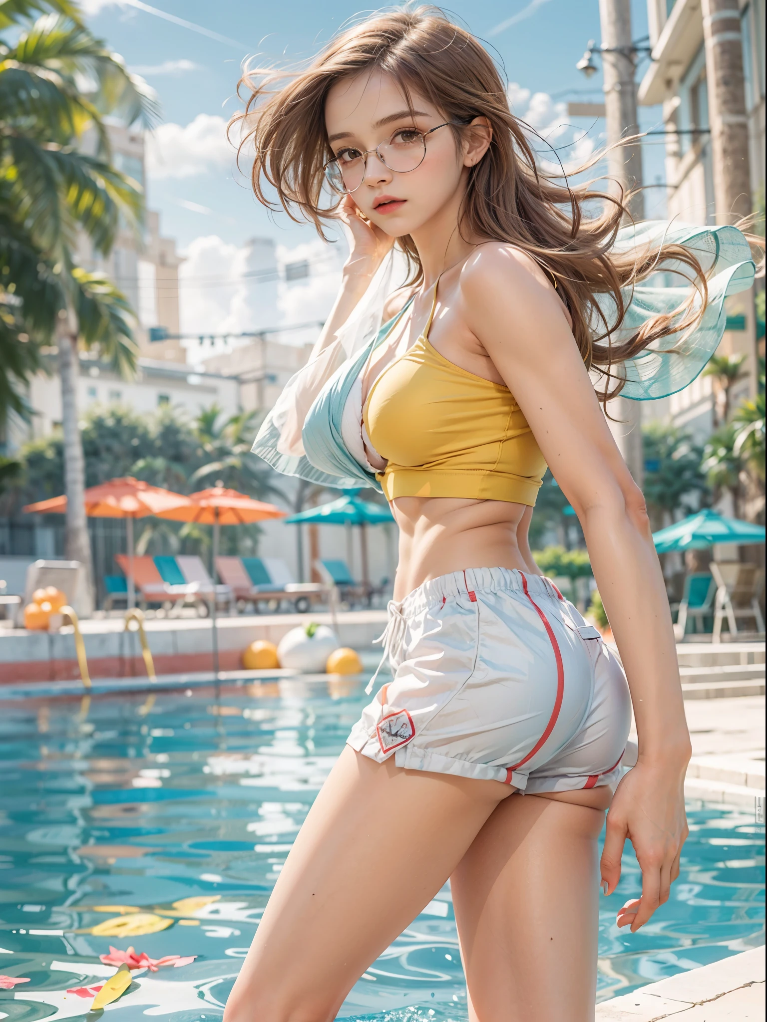 masterpiece, best quality, realistic, colorful, delicate, sharp focus, (PureErosFace_V1:0.5), (detailed beautiful delicate face, high detailed skin, skiny and thin:1.3), 1girl, 19 years old, tall, (smooth_abs:1.55), (abs:0.5), pretty, masterpiece, (long_skinny_legs), (straight_legs), (skinny_waist), (((fair skin))), white skin, bandeau, (school_uniform:swim_suits:0.5), yellow/pink shorts, chestnut brown hair, looking at viewer, yellow/orange sports shoes, glasses, (Emma_watson), big_breast, swimmer, white knit hat, boxer