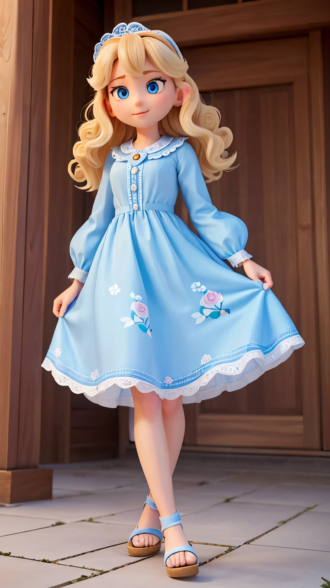 an alone happy and beautiful adult (25 years old) woman called Cinderella: big blue eyes, white skin, medium-length blond curly hair, small hands, small feet, adorable face, 5.6 feet height; she is wearing: a blue Floral Peasant Sleeve Dress; gray sandals; show head, show feet; high-quality photo, cartoon style hand drawing, full body, far from the camera, running