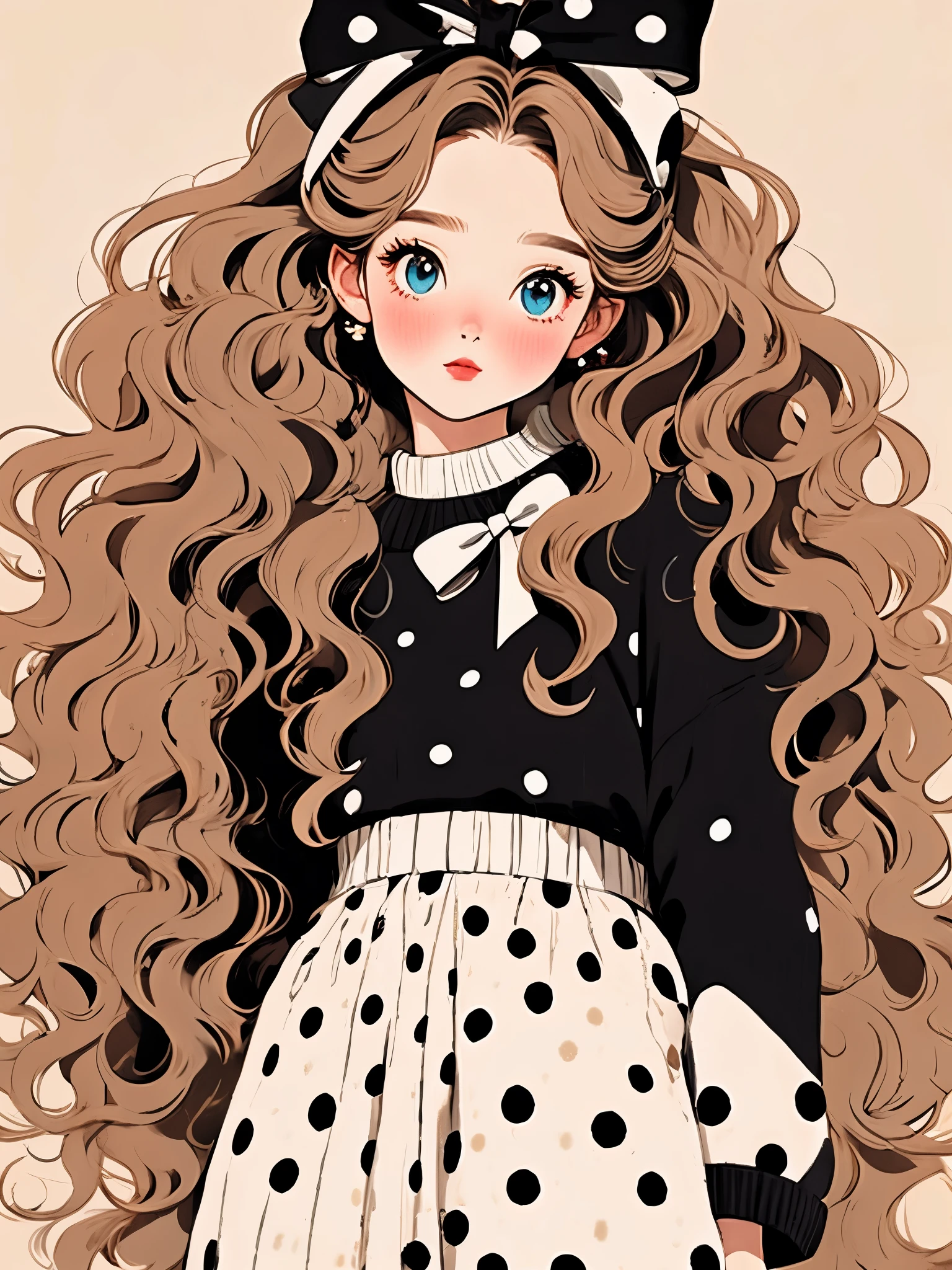 (masterpiece, best quality:1.2),a beautiful girl，Skin detail processing，The eyes are very detailed，fine hair，wavy long hair，light hair，Wear a large bow on your head，Black Sweater，White，skirt，Retro contrasting colors，clean background