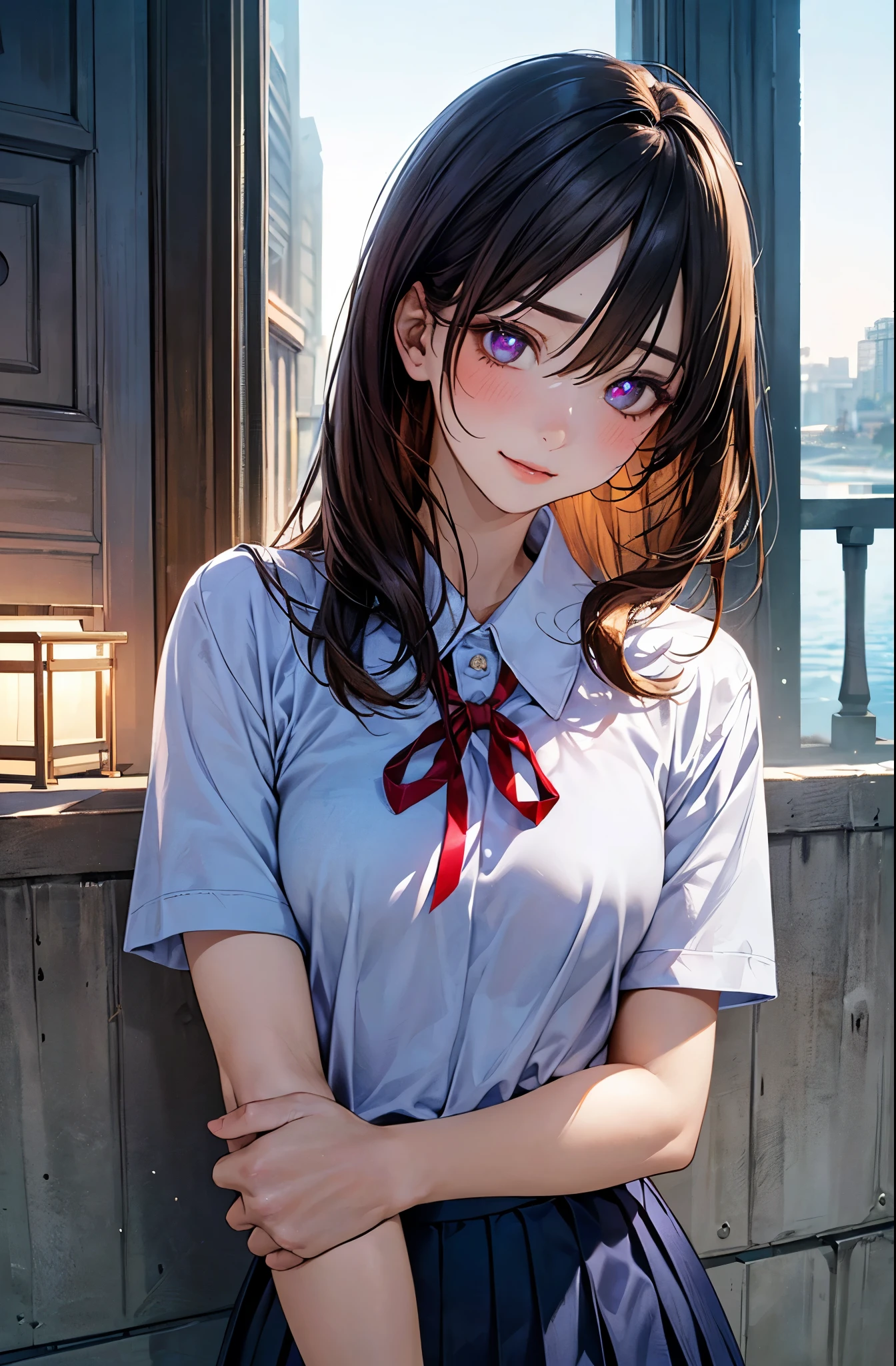 (masterpiece:1.2, top-quality), (realistic, photorealistic:1.4), beautiful illustration, NSFW,
looking at viewer, cowboy shot, front view:0.8,
1 girl, japanese, high school girl, light brown hair, (long hair:1.8), (side ponytail:1.7), bangs, hair between eye, blue eyes, large breasts:0.8,
beautiful hair, beautiful face, beautiful detailed eyes, beautiful clavicle, beautiful body, beautiful chest, beautiful thigh, beautiful legs, beautiful fingers,
(beautiful scenery), dawn, bright and refreshing girl's room, curtains, sittng bed,
((collared short sleeve shirt, light pink shirt, red plaid pleated skirt, red plaid bow tie, private school uniform:1.2, open clothes)), pink panties,
(swollen), ((seductive posture: 1.2, attractiveness: 1.2)), (idle),
(erotic, sexy, upper eyes, smiling smile: 1.2), shiny skin, (lift up skirt, female masturbation),
perfect face, cute and symmetrical face, natural side lighting, movie lighting),