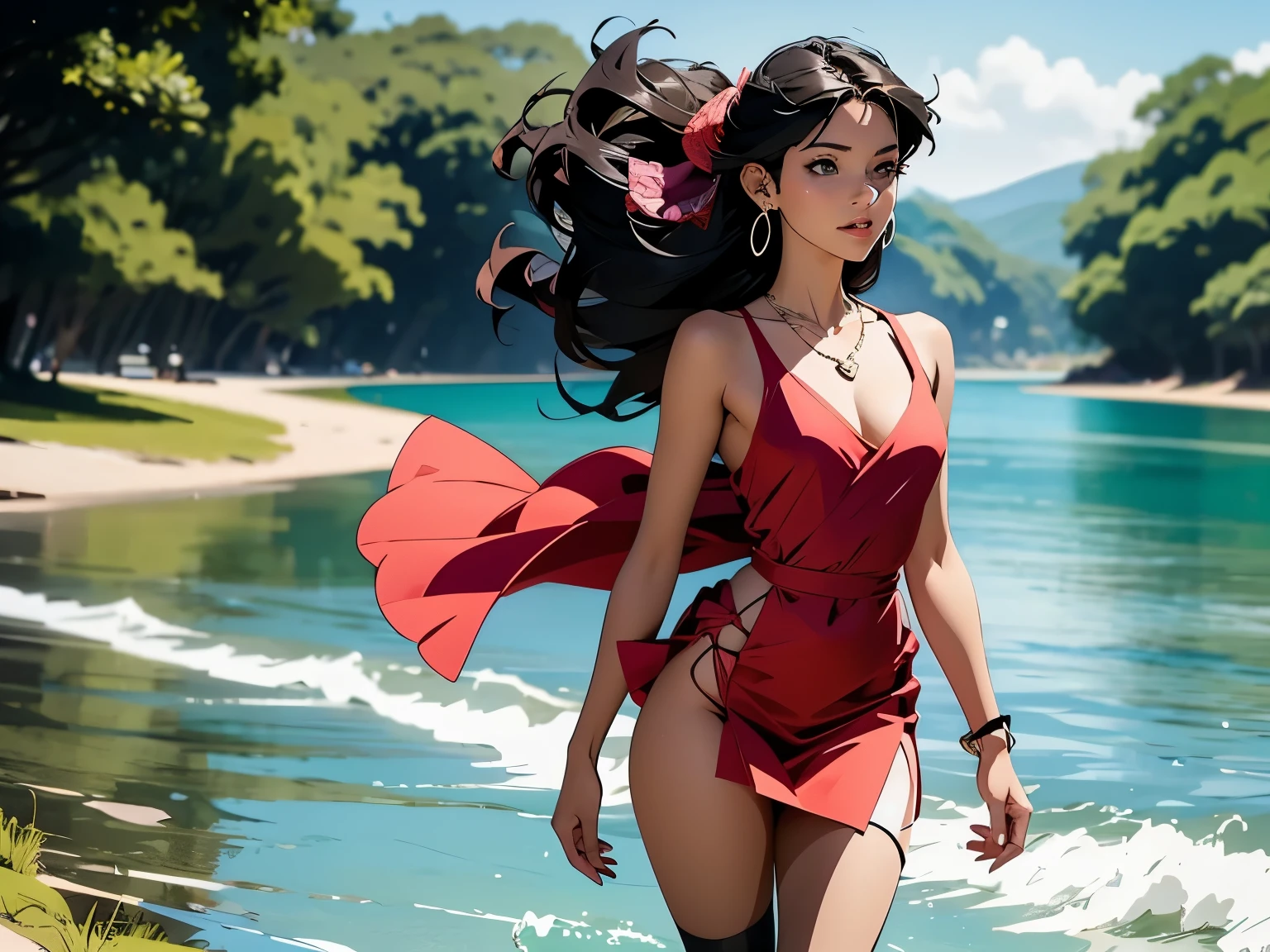 expressive eyes, perfect face, a beautiful, provocative girl with a sexy, slim body in a flowy short dress in flamenco style walks along a lake. a sudden gust of wind blows her dress up, revealing her tiny panties. she also wears nylons and suspenders and high heels. she has beautiful full breasts and full lips. she wears round earrings and a colorful necklace, flat colors, cel shading, (anime:1.4)