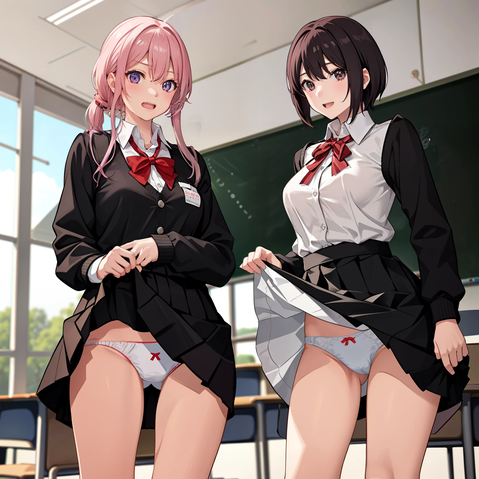 ((2 girls))、laughter、shirt、のskirt、、((fun!))(small )、chiralism、hair、()、(黒いskirt:1.3)、bow, button,いたshirt, long sleeve, マイクロskirt, プリーツskirt、(Jacket)、 skirt, socks, thighs, 白い shirt, Rest indoors, ((classroom:1.5))、 BREAK looking at viewer、skirtの破れ,(skirtを掴む:1.5)、 (perfect hands, perfect anatomy),cowboy shot、(skirt lift:1.3),(Very detailed white panties:1.3 detailed panties:1.3)、、(ski rolls up:fully exposed panties:1.5)、
