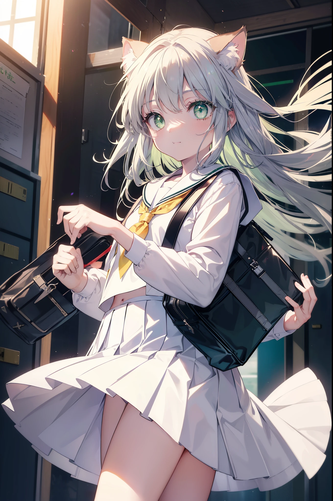 index, index, (green eyes:1.5), silver hair, long hair, (flat chest:1.2),smile,animal ears,Brown cat ears,brown cat tail,Japanese high school girl uniform(sailor suit)white cardigan,blue pleated skirt,short white socks,brown loafers,He breaks his school bag and looks at the audience., Upper body, whole body,
break down our door, destroy the whole city (masterpiece:1.2), highest quality, High resolution, unity 8k wallpaper, (shape:0.8), (beautiful and detailed eyes:1.6), highly detailed face, perfect lighting, Very detailed CG, (perfect hands, perfect anatomy),