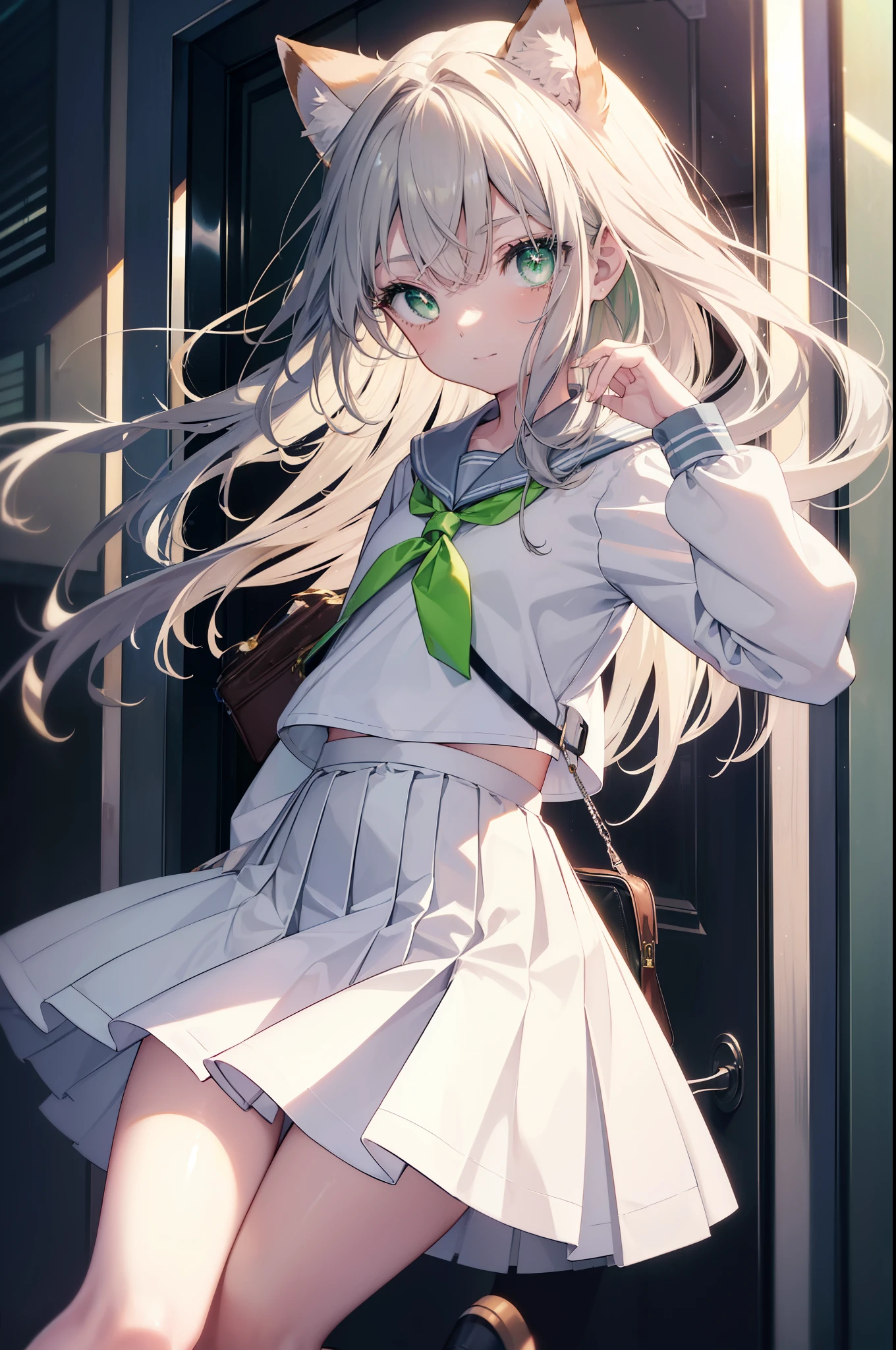 index, index, (green eyes:1.5), silver hair, long hair, (flat chest:1.2),smile,animal ears,Brown cat ears,brown cat tail,Japanese high school girl uniform(sailor suit)white cardigan,blue pleated skirt,short white socks,brown loafers,He breaks his school bag and looks at the audience., Upper body, whole body,
break down our door, destroy the whole city (masterpiece:1.2), highest quality, High resolution, unity 8k wallpaper, (shape:0.8), (beautiful and detailed eyes:1.6), highly detailed face, perfect lighting, Very detailed CG, (perfect hands, perfect anatomy),