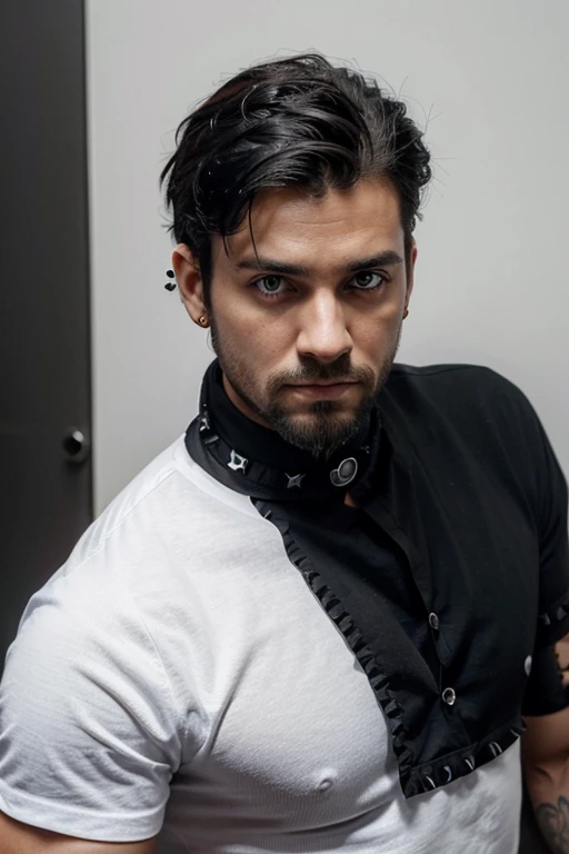 Um homem  barba grisalha e usa um colar com pingente.. He is looking at the camera with blue eyes, giving off an intense, confident vibe. and ear piercing and his shirt is black His hair is spiky, giving it a unique look. The background of the image features a white wall behind him