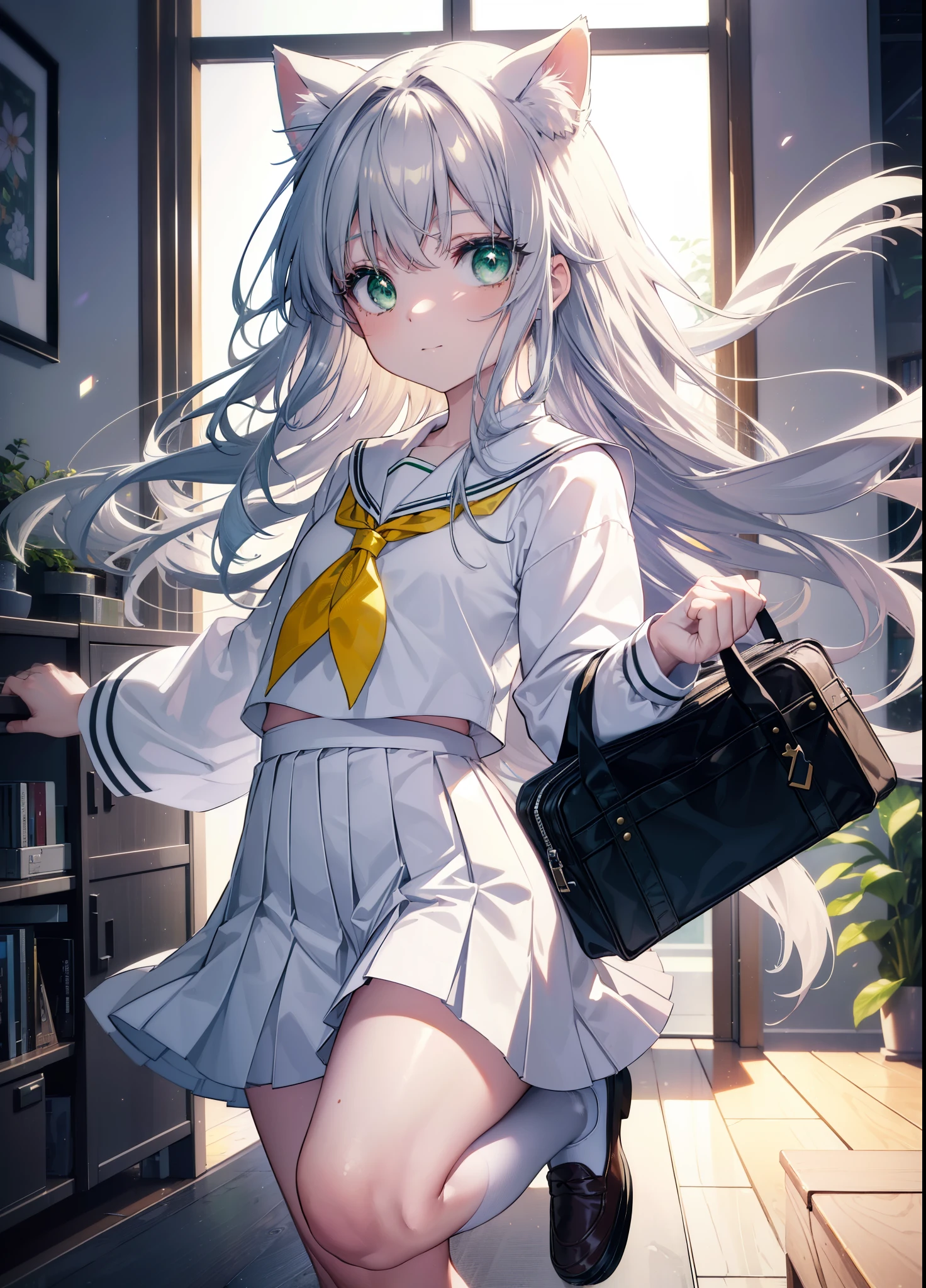 index, index, (green eyes:1.5), silver hair, long hair, (flat chest:1.2),smile,animal ears,Brown cat ears,brown cat tail,Japanese high school girl uniform(sailor suit)white cardigan,blue pleated skirt,short white socks,brown loafers,
break looking at viewer, Upper body, full body,
break indoors, In town,
break (masterpiece:1.2), highest quality, High resolution, unity 8k wallpaper, (figure:0.8), (beautiful and fine eyes:1.6), highly detailed face, perfect lighting, Very detailed CG, (perfect hands, perfect anatomy),