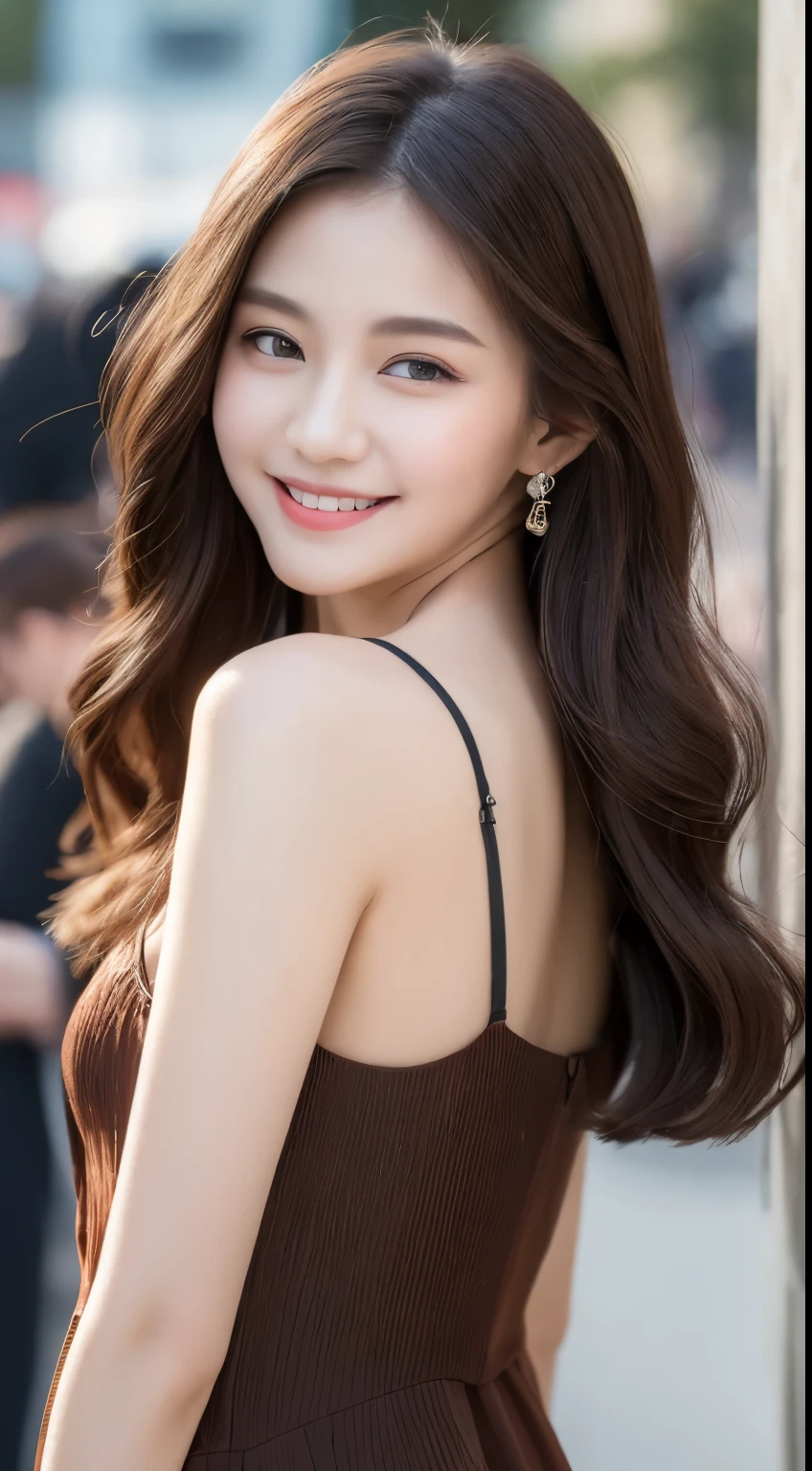 ((Best quality, 8k, Masterpiece :1.3)), 1girl, smiling, full body, slim face, Pretty woman, (Dark brown hair), full length dress :1.1, Ultra-detailed face, Detailed eyes, Double eyelid, blur background, slim face, city, outside, street,