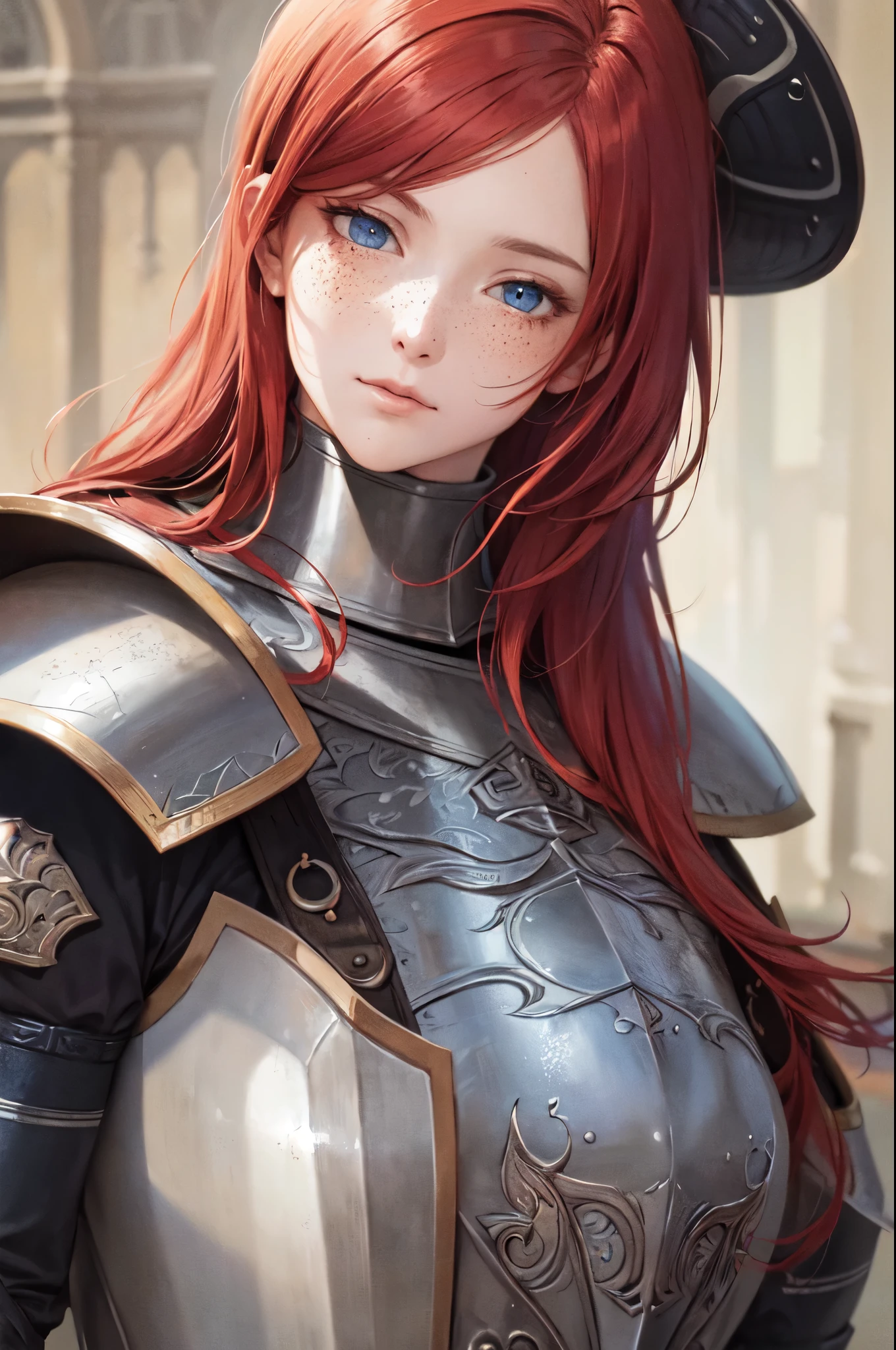 masterpiece, (realistic), highres, highly detailed, intricate, beautiful woman, red hair, blue eyes, freckles, detailed face, knight, armor