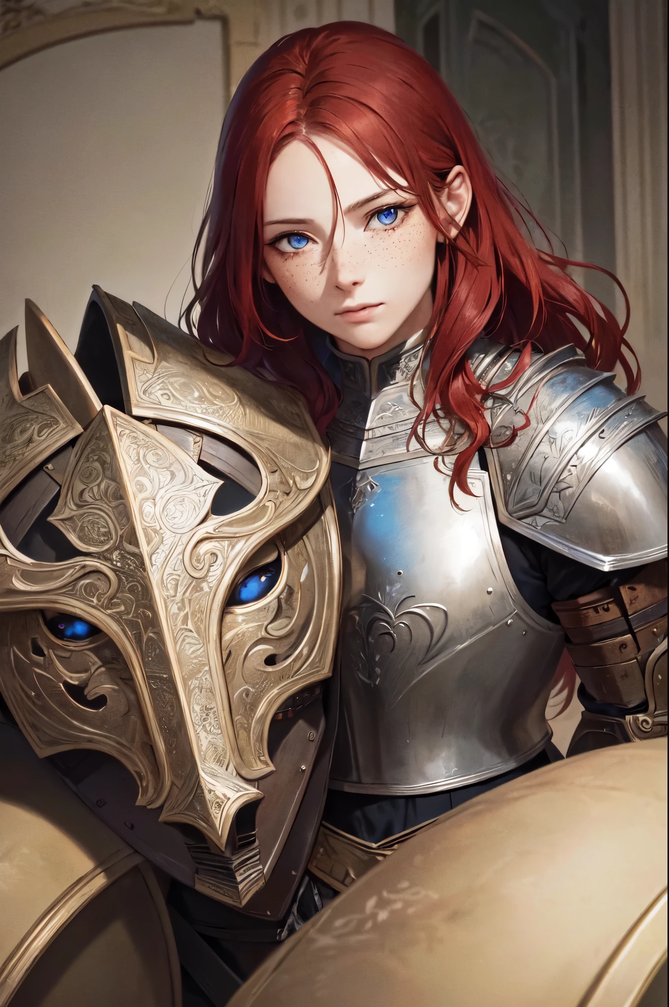 masterpiece, (realistic), highres, highly detailed, intricate, beautiful woman, red hair, blue eyes, freckles, detailed face, knight, armor